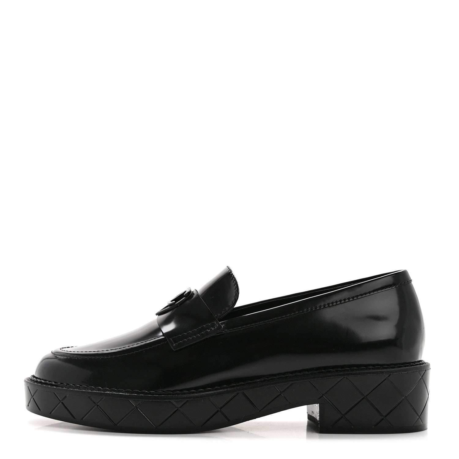 Shiny Calfskin Quilted CC Mocassin Loafers 38 Black