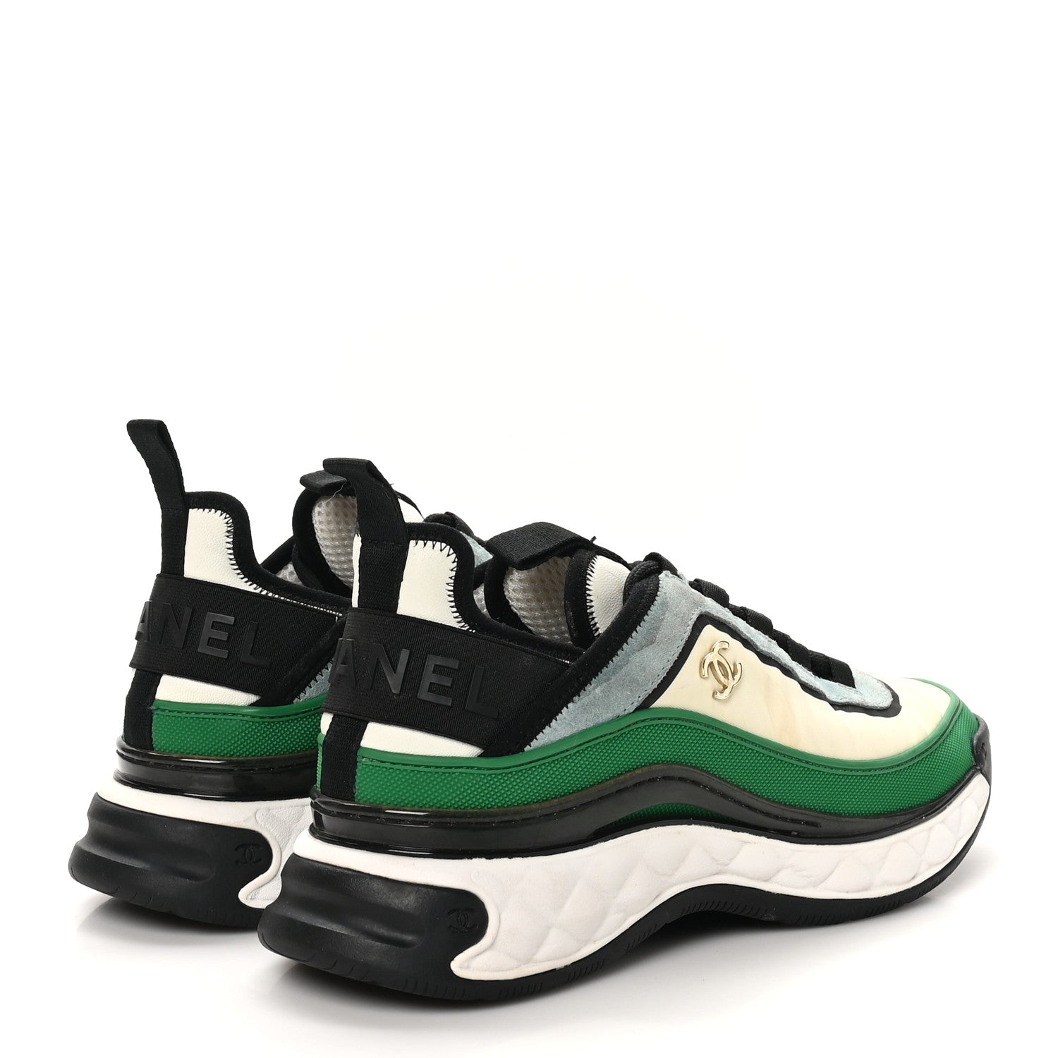 Suede Calfskin Mixed Fibers CC Sneakers 38 Ivory Green Light Blue