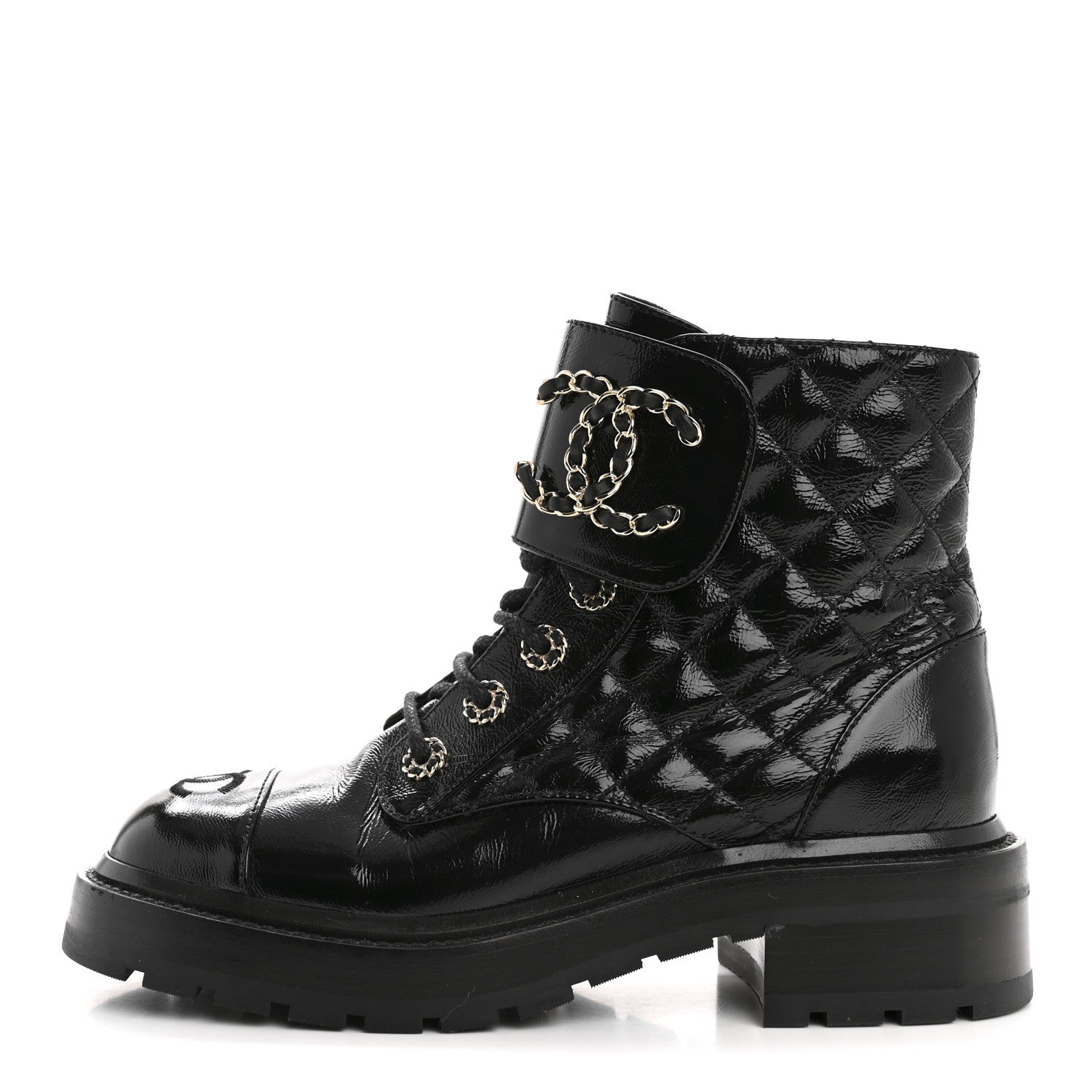 Shiny Goatskin Calfskin Quilted Lace Up Combat Boots 36.5 Black