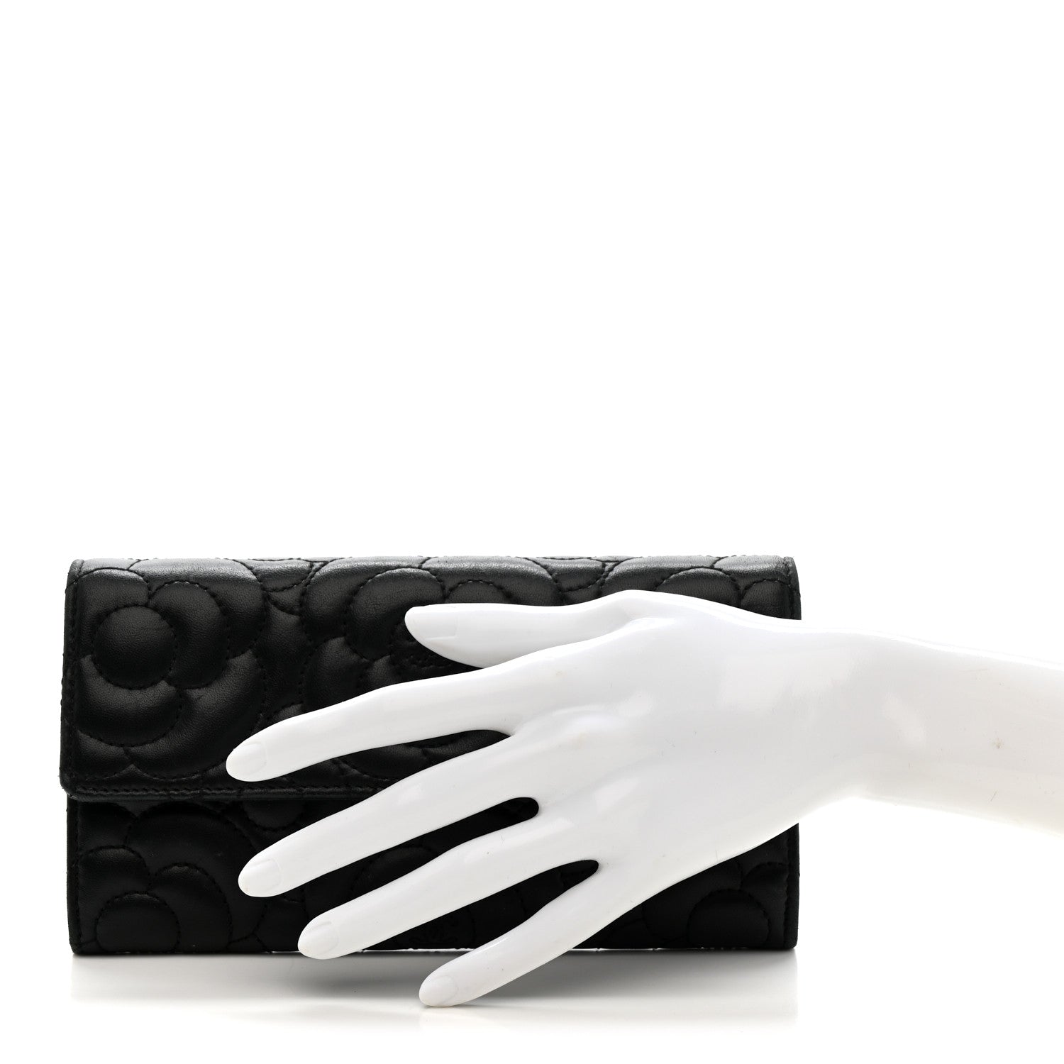 Lambskin Embossed Camellia Flap Wallet Black