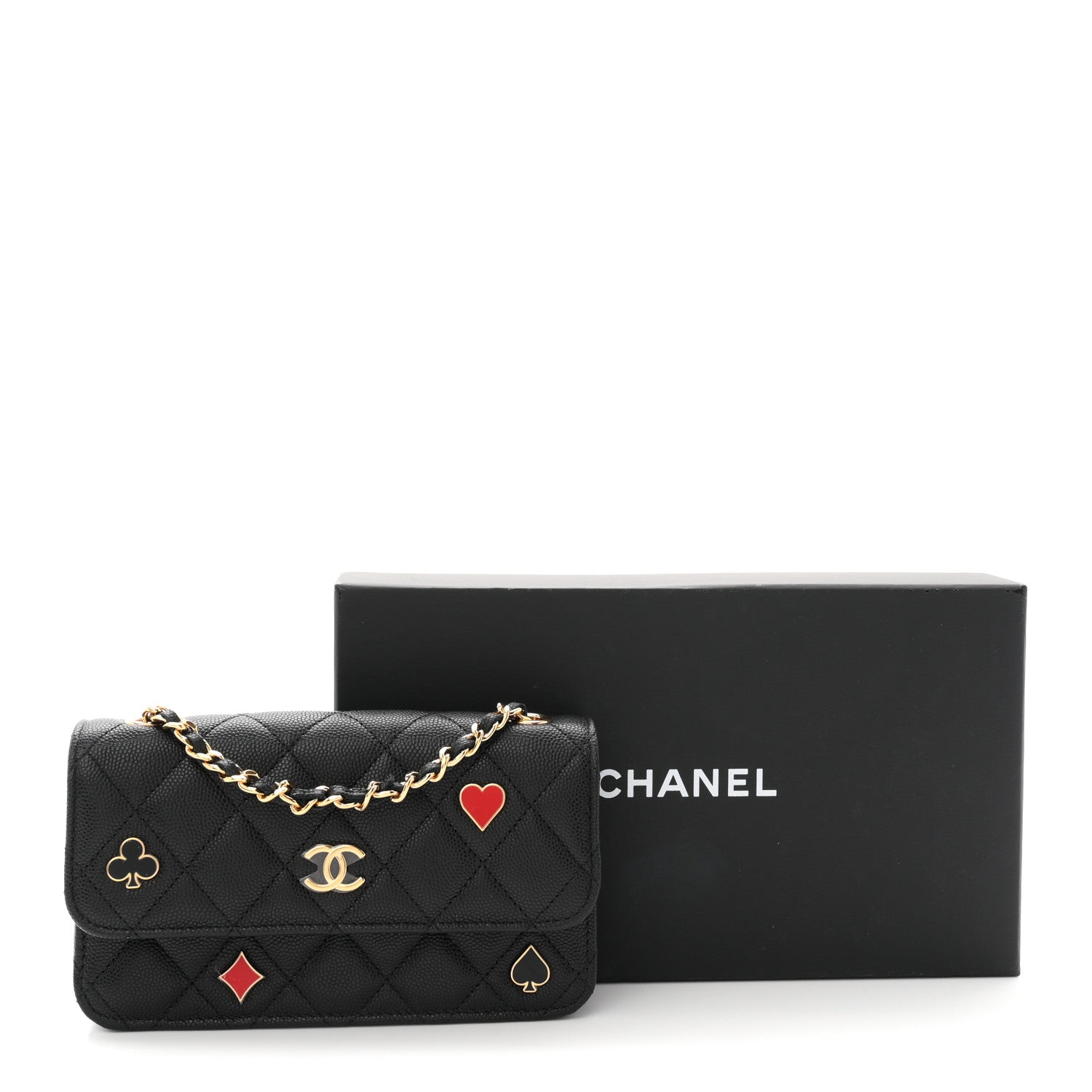 Caviar Quilted Enamel Coco Casino Flap Phone Holder With Chain Black