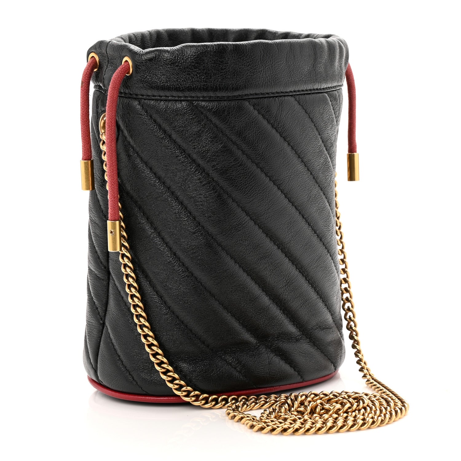 Vintage Effect Calfskin Matelasse Diagonal Mini Torchon GG Marmont 2.0 Bucket Bag Black Romantic Cherry