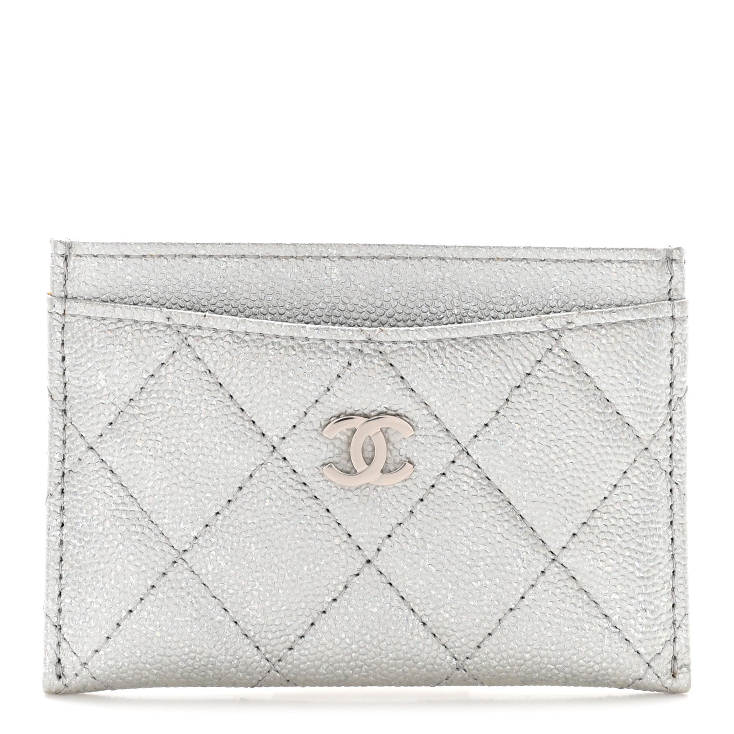 Glittered Metallic Caviar Quilted Card Holder Silver