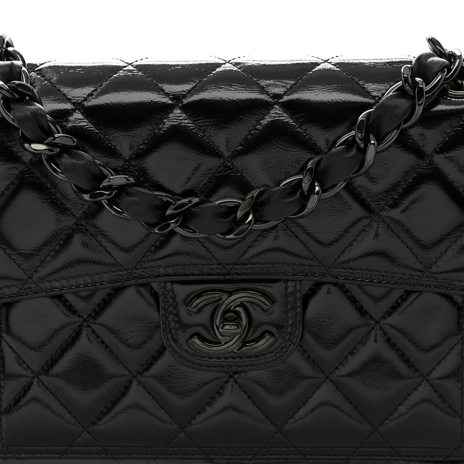 Shiny Crumpled Calfskin Quilted Large Double You Flap So Black