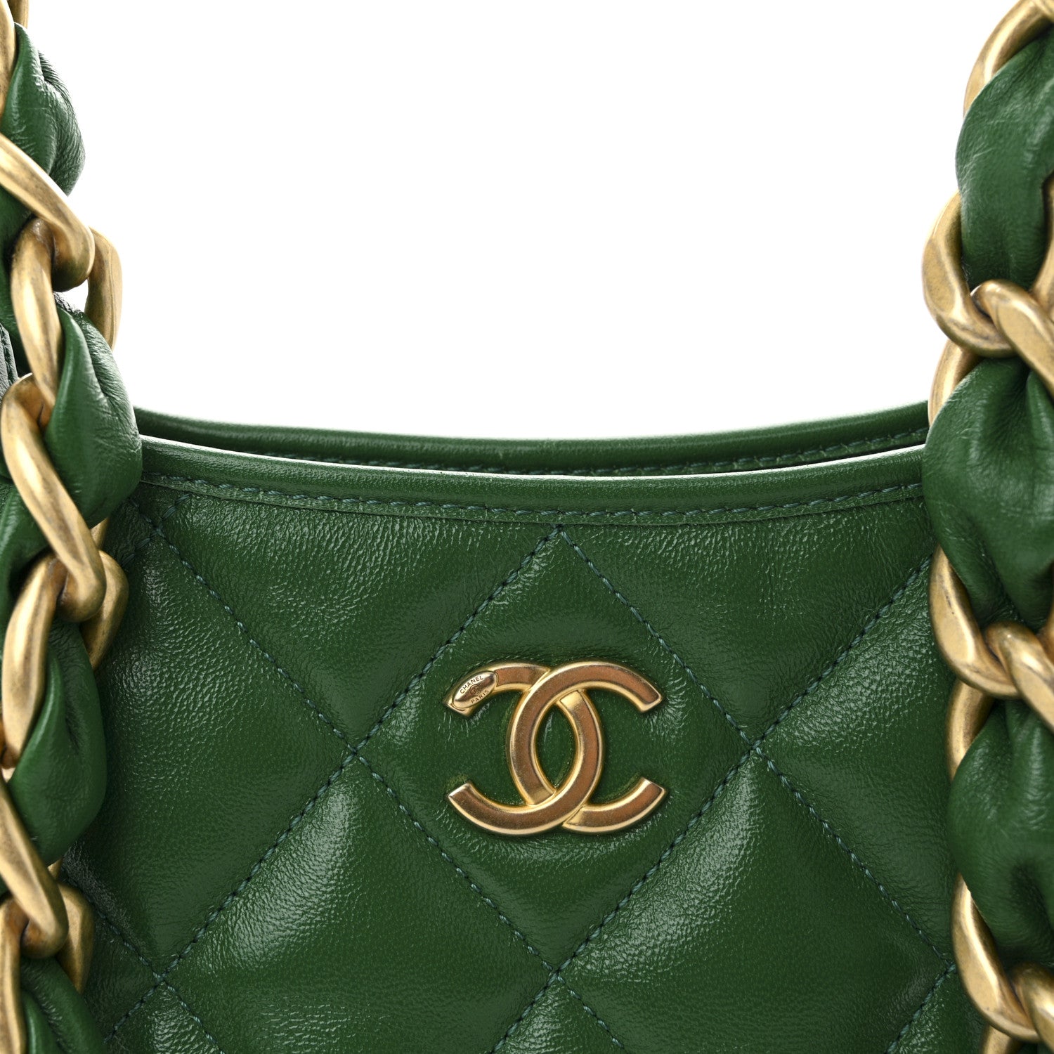 Shiny Crumpled Lambskin Quilted Small CC Funky Town Hobo Green
