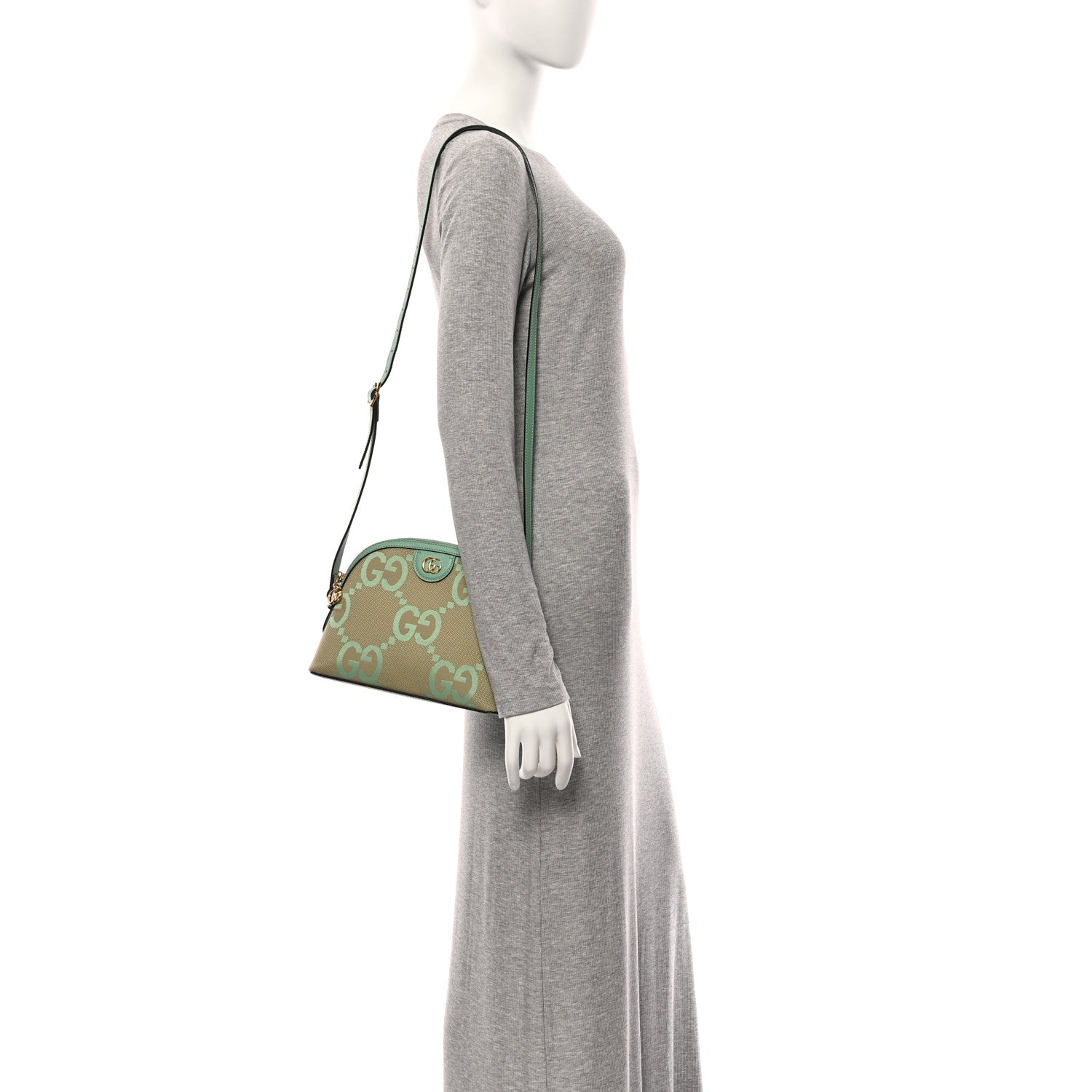 Monogram Jumbo GG Textured Dollar Calfskin Small Ophidia Dome Shoulder Bag Beige Pepperlight Mint