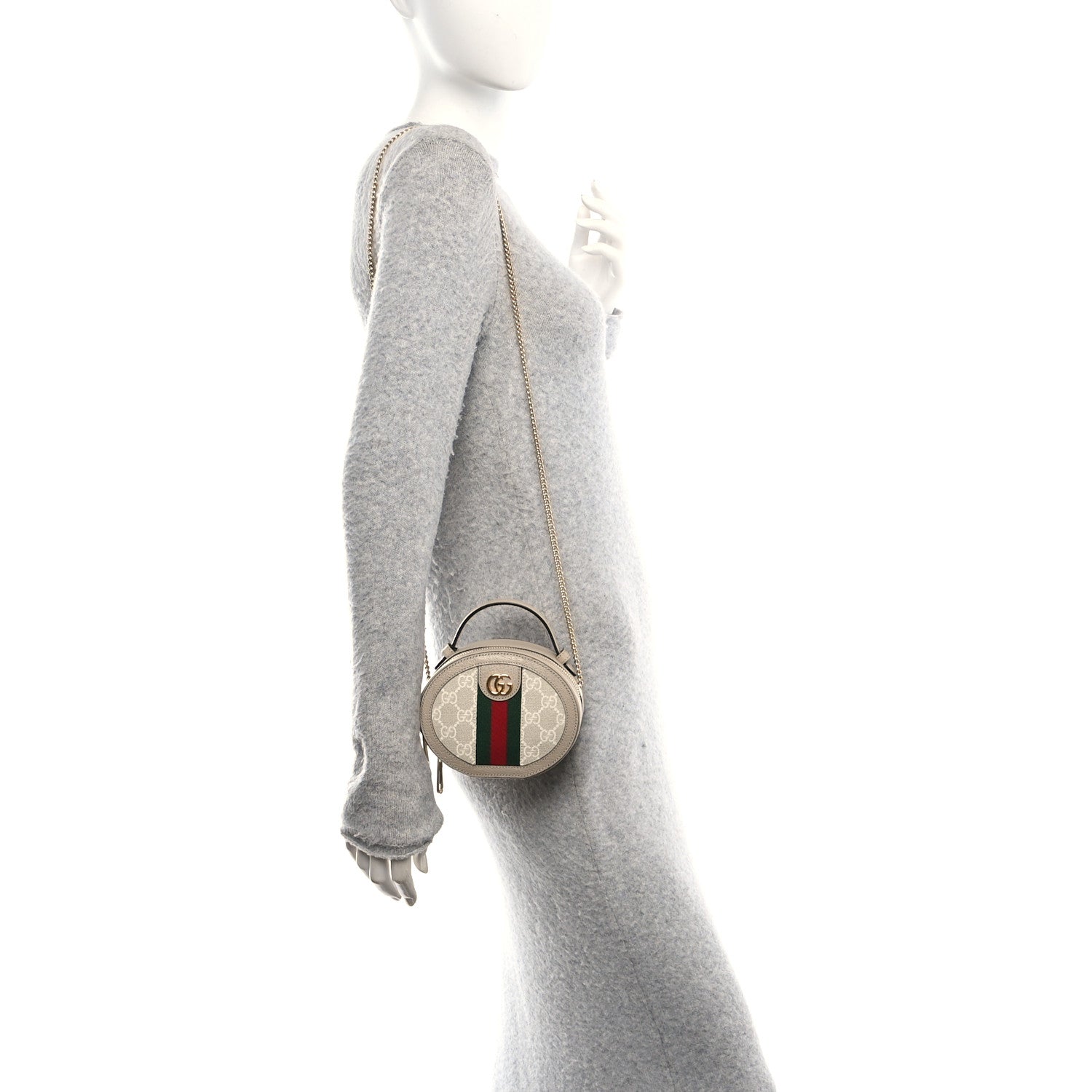 GG Supreme Monogram Top Handle Web Mini Ophidia Round Shoulder Bag Beige Mystic White