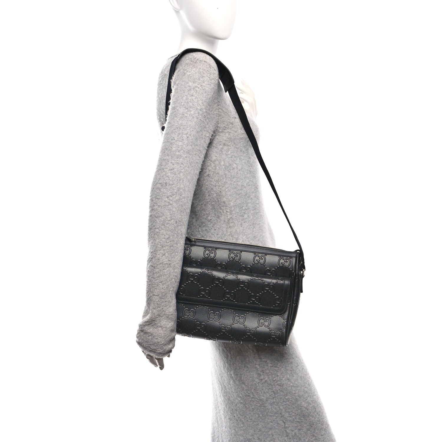 Calfskin GG Tennis Embossed Shoulder Bag Black