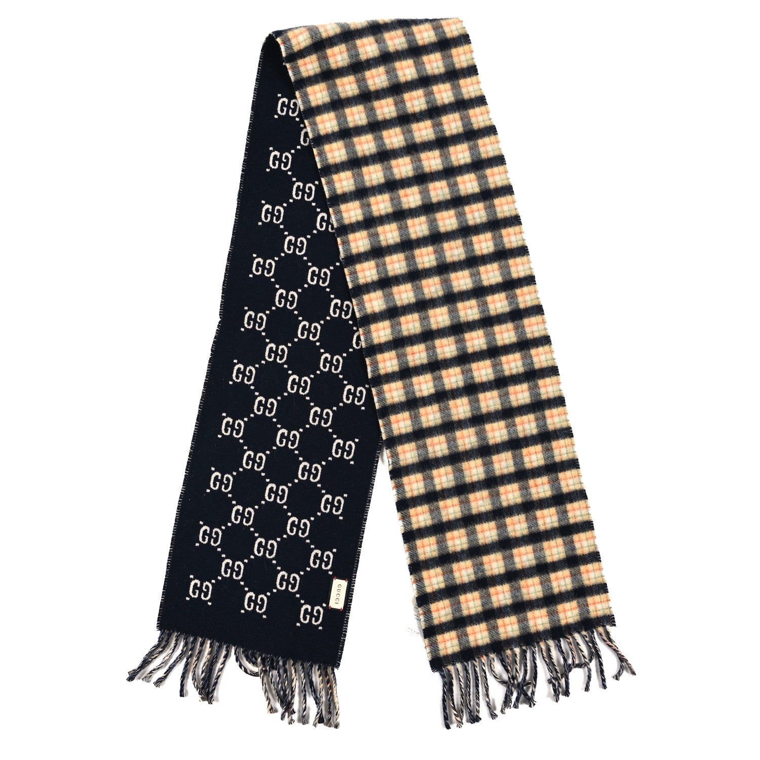 Wool GG Monogram Plaid Rise Reversible Fringe Scarf Midnight Blue Cream