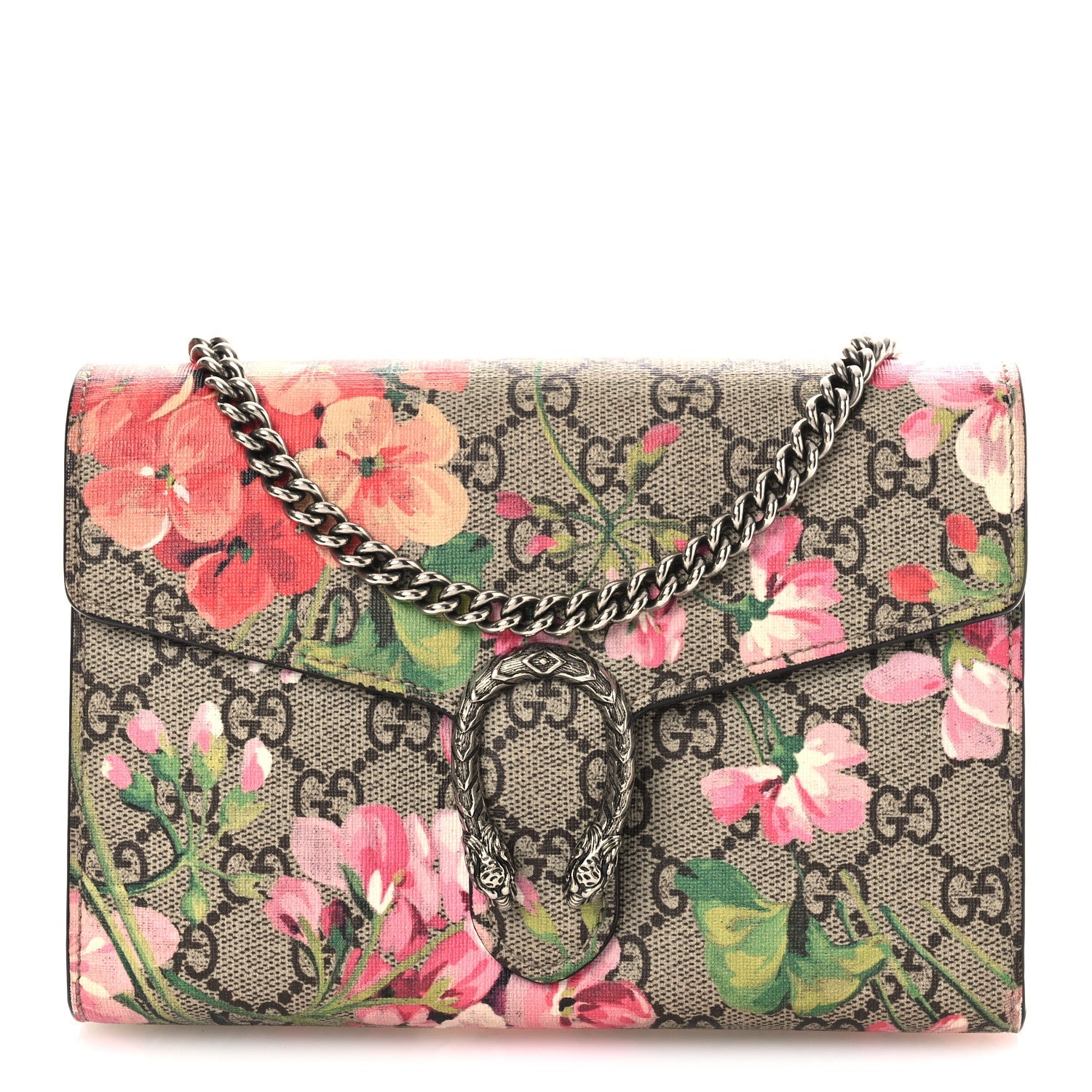 GG Supreme Monogram Blooms Mini Dionysus Chain Wallet Beige Multicolor Dry Rose
