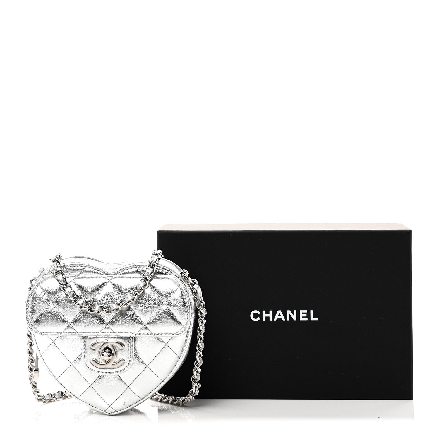 Metallic Lambskin Quilted CC In Love Heart Clutch With Chain Silver