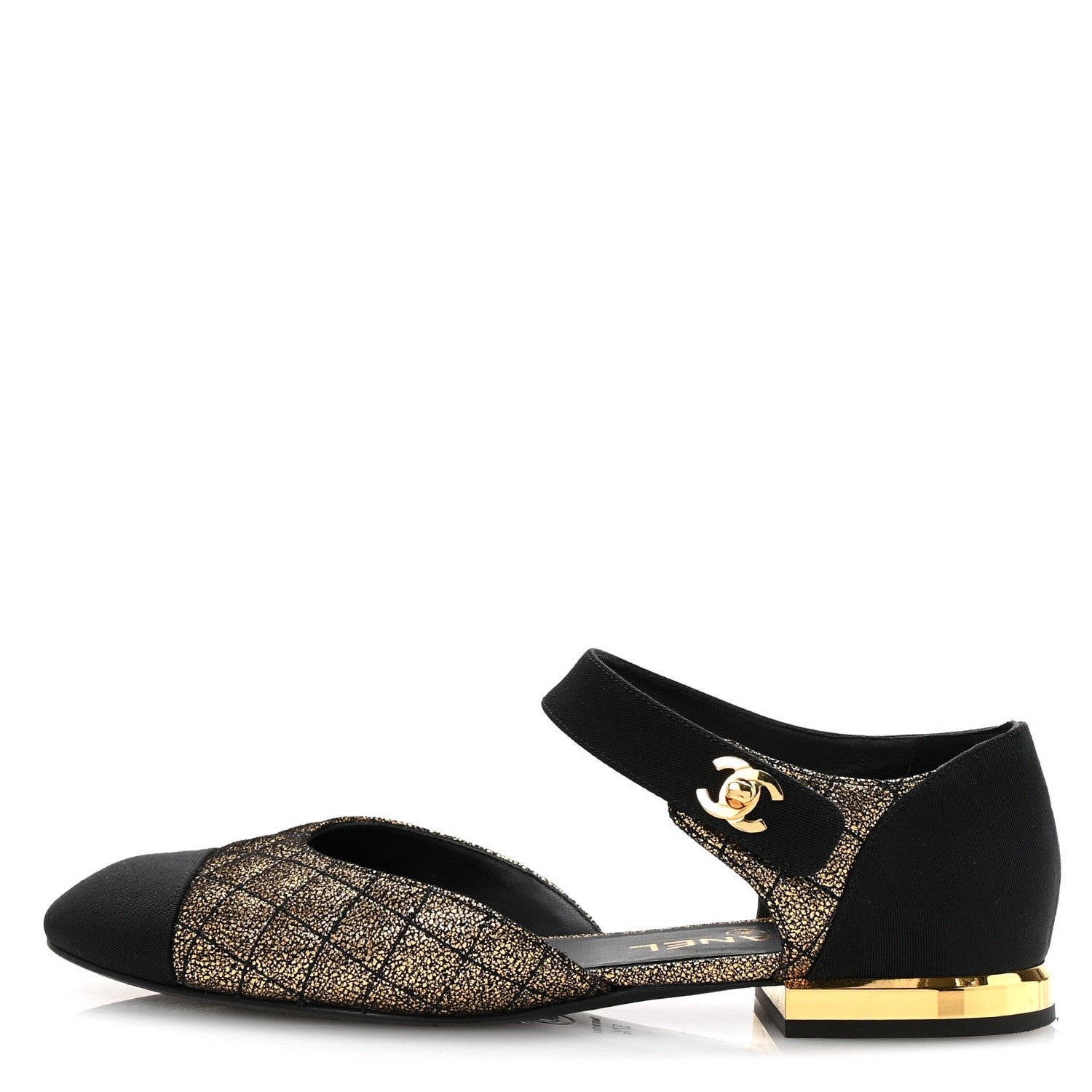 Laminated Suede Kidskin Grosgrain Quilted Cap Toe Ballerina Flats 37.5 Gold Black
