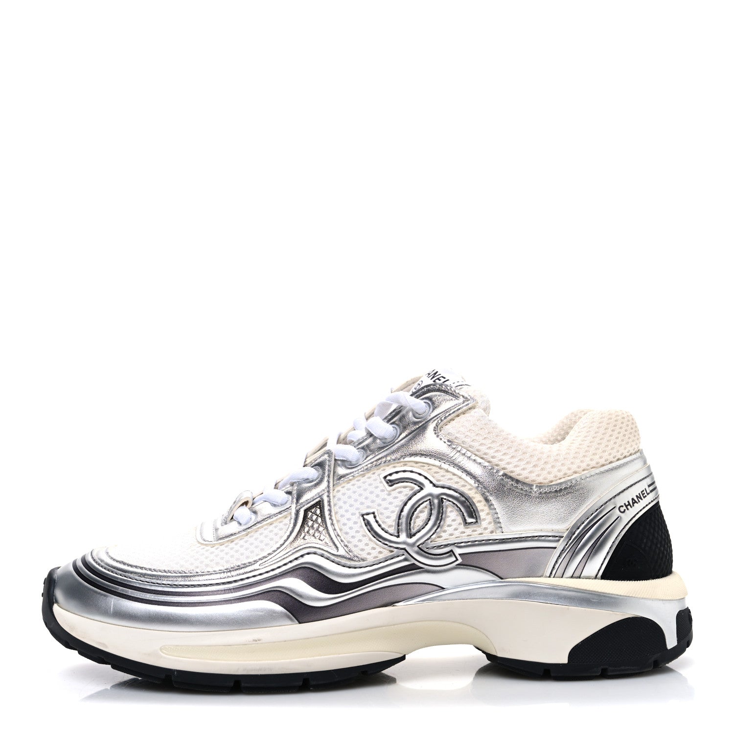 Fabric Laminated Calfskin Stretch CC Womens Sneakers 40 White Silver