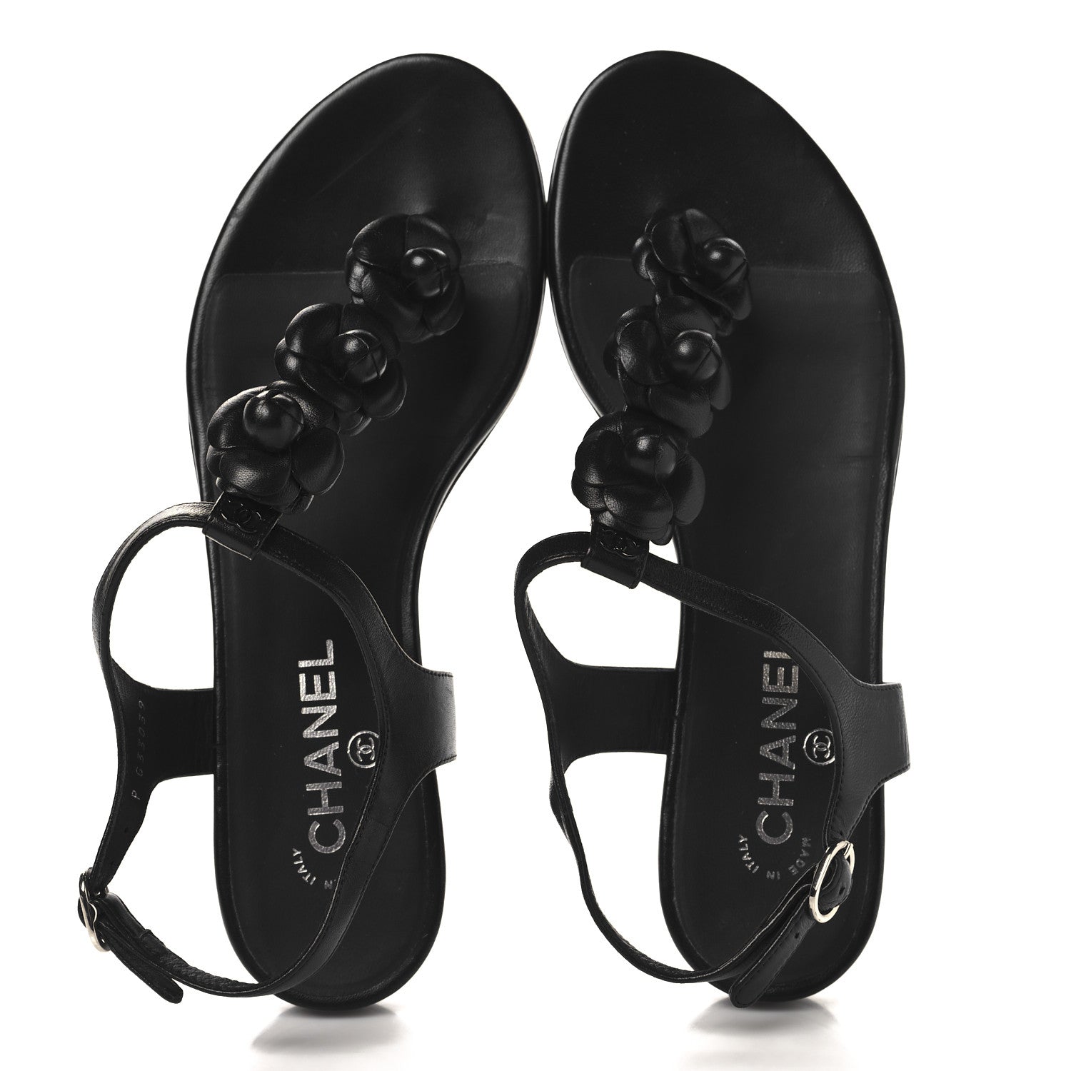 Calfskin Camellia Thong Sandals 39.5 Black