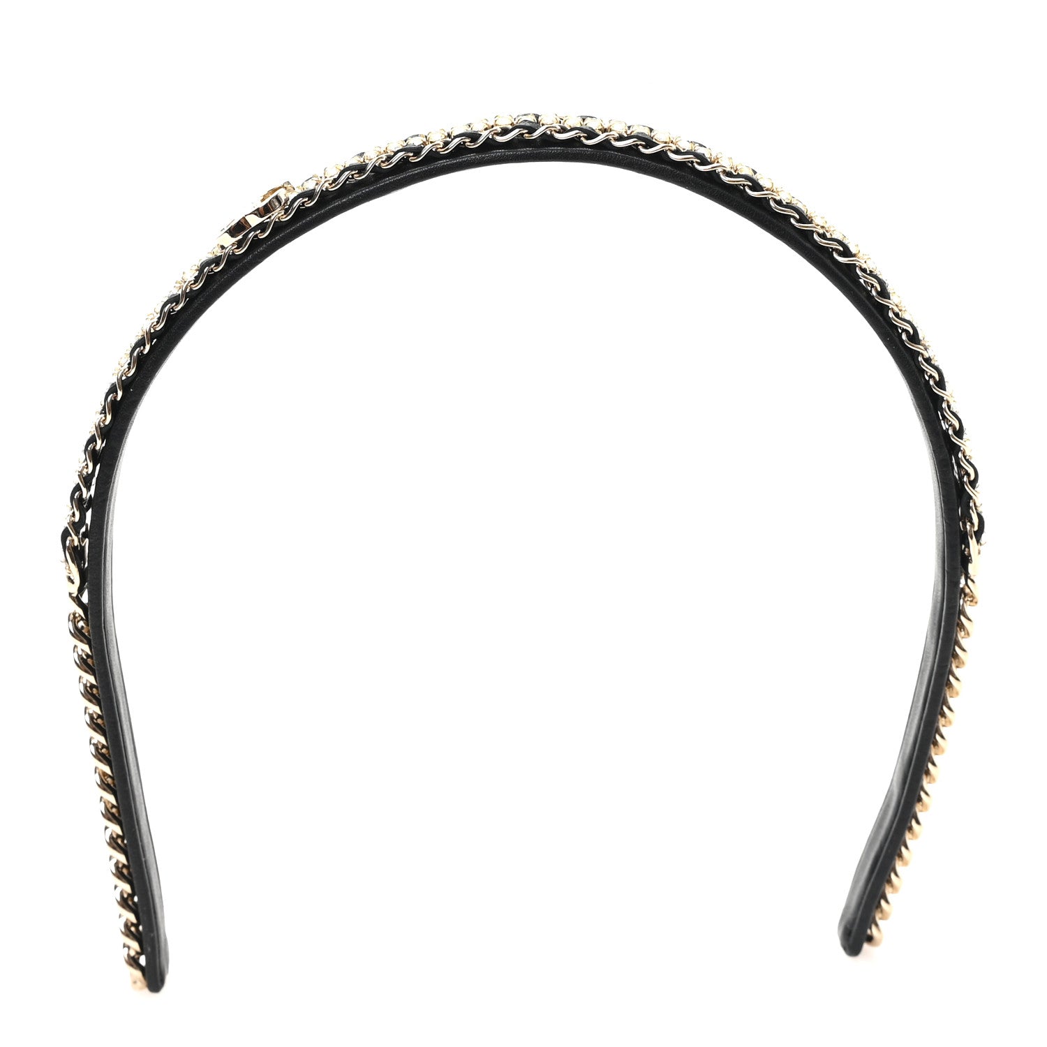 Metal Lambskin Crystal CC Chain Headband Gold Black