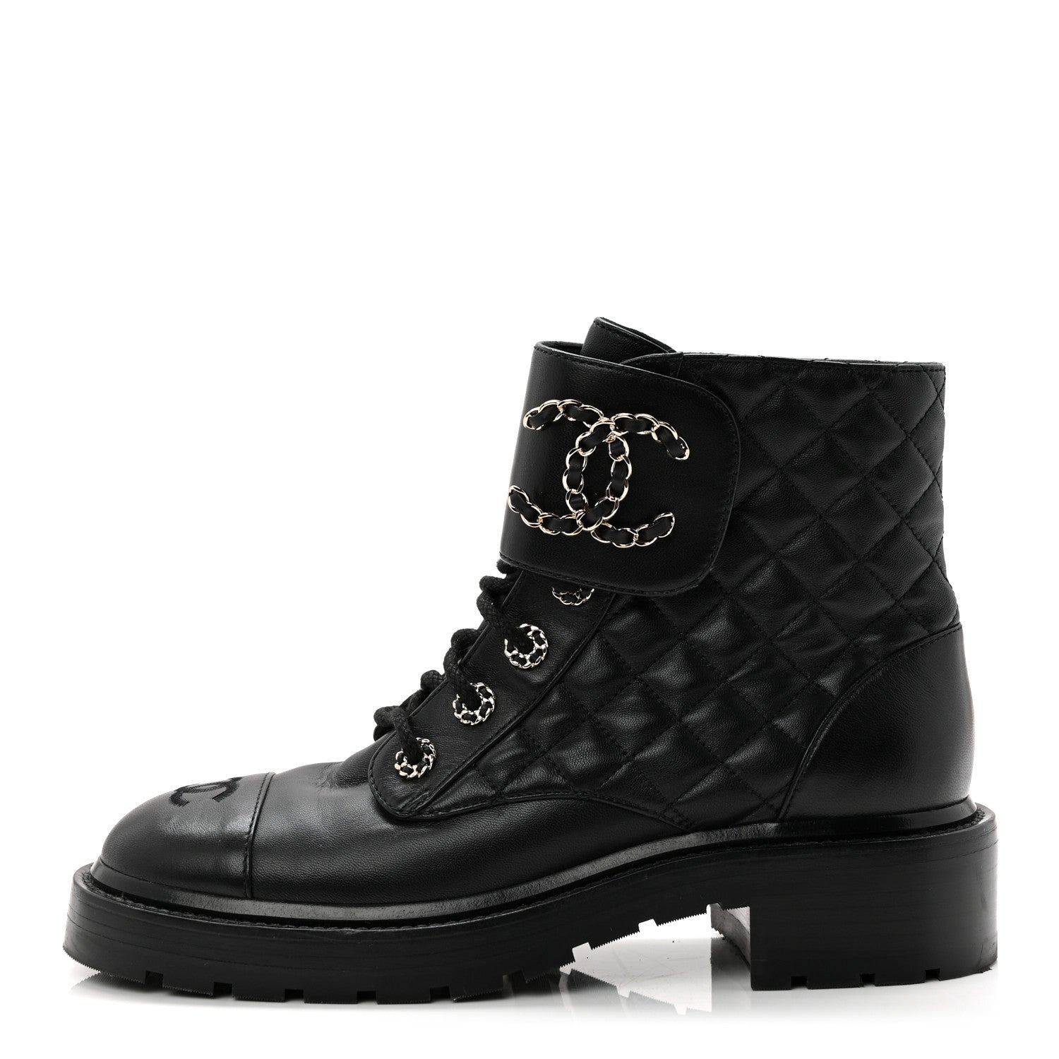 Shiny Lambskin Quilted Lace Up Combat Boots 38.5 Black