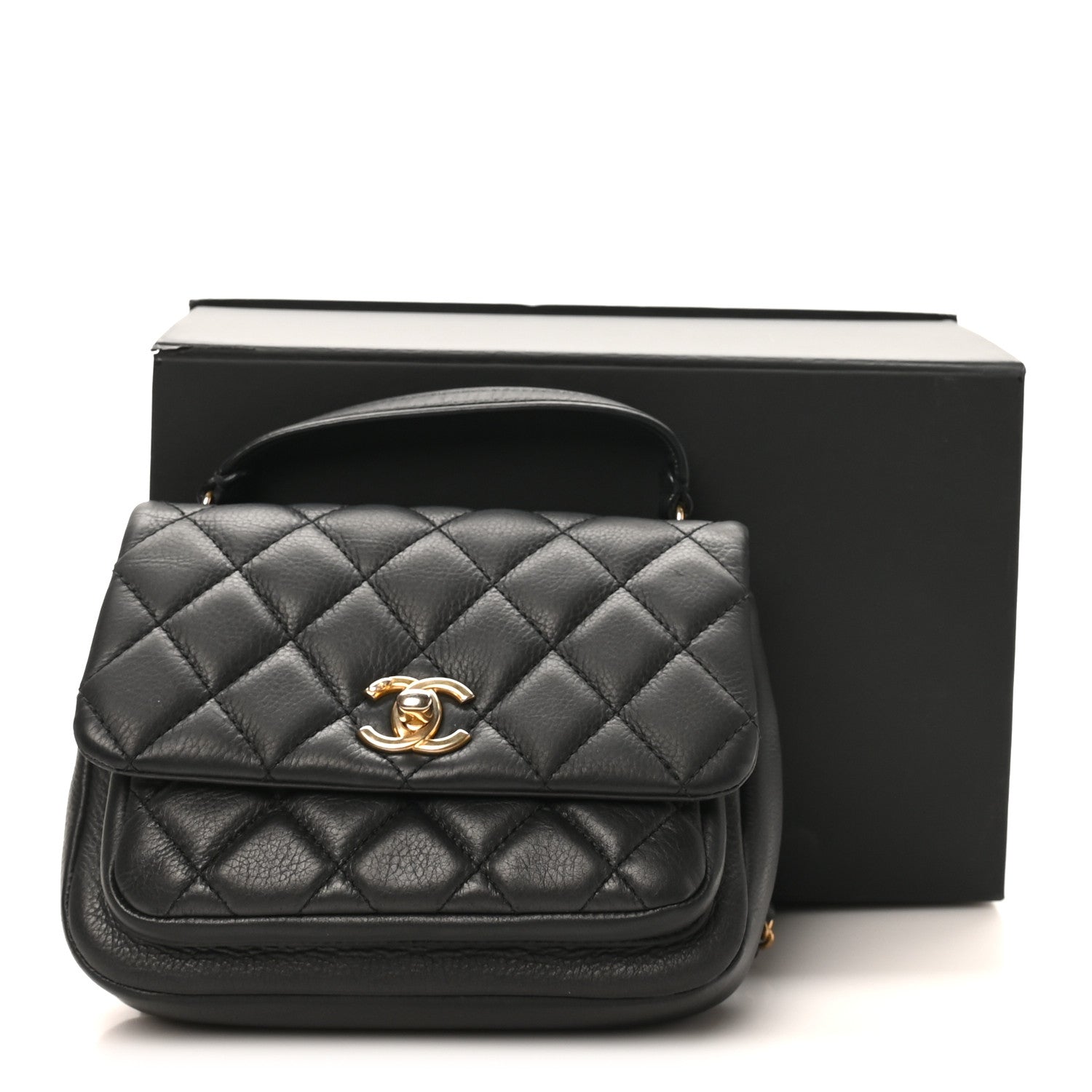 Calfskin Quilted Top Handle Flap Black