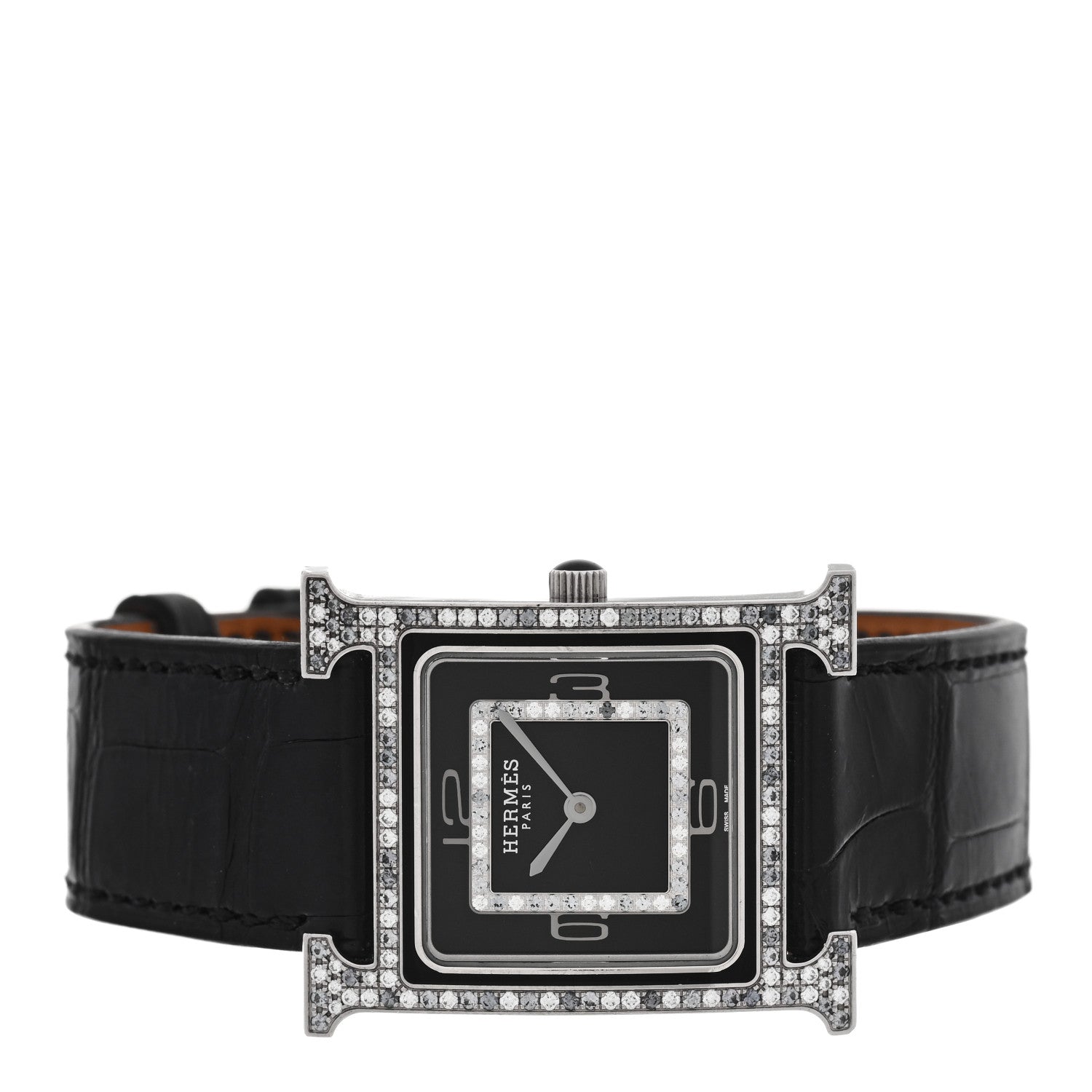 18K White Gold Alligator Diamond Grey Sapphire 26mm Heure H Hour Quartz Watch Noir