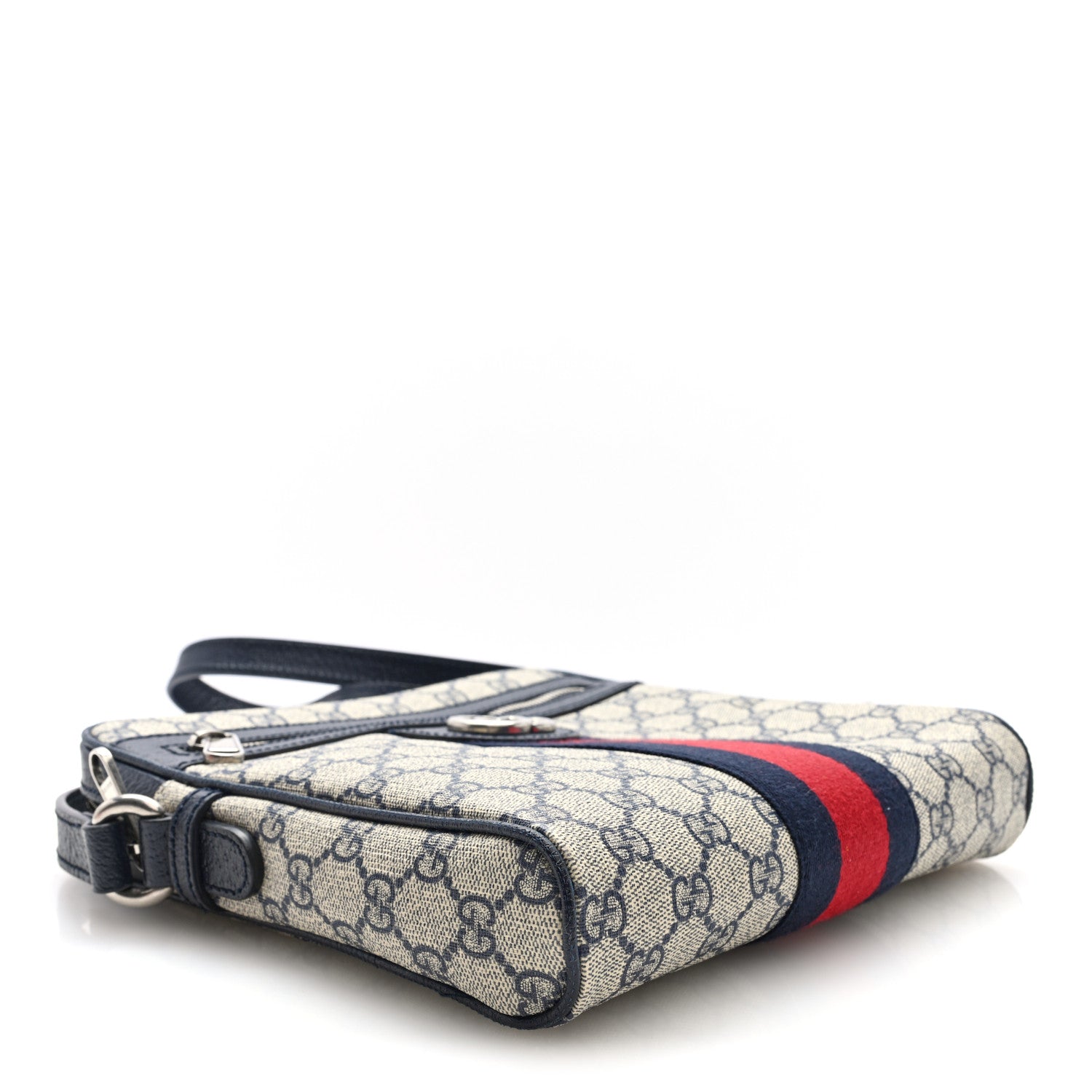 GG Supreme Monogram Textured Dollar Calfskin Web Small Ophidia Messenger Bag Beige Blue