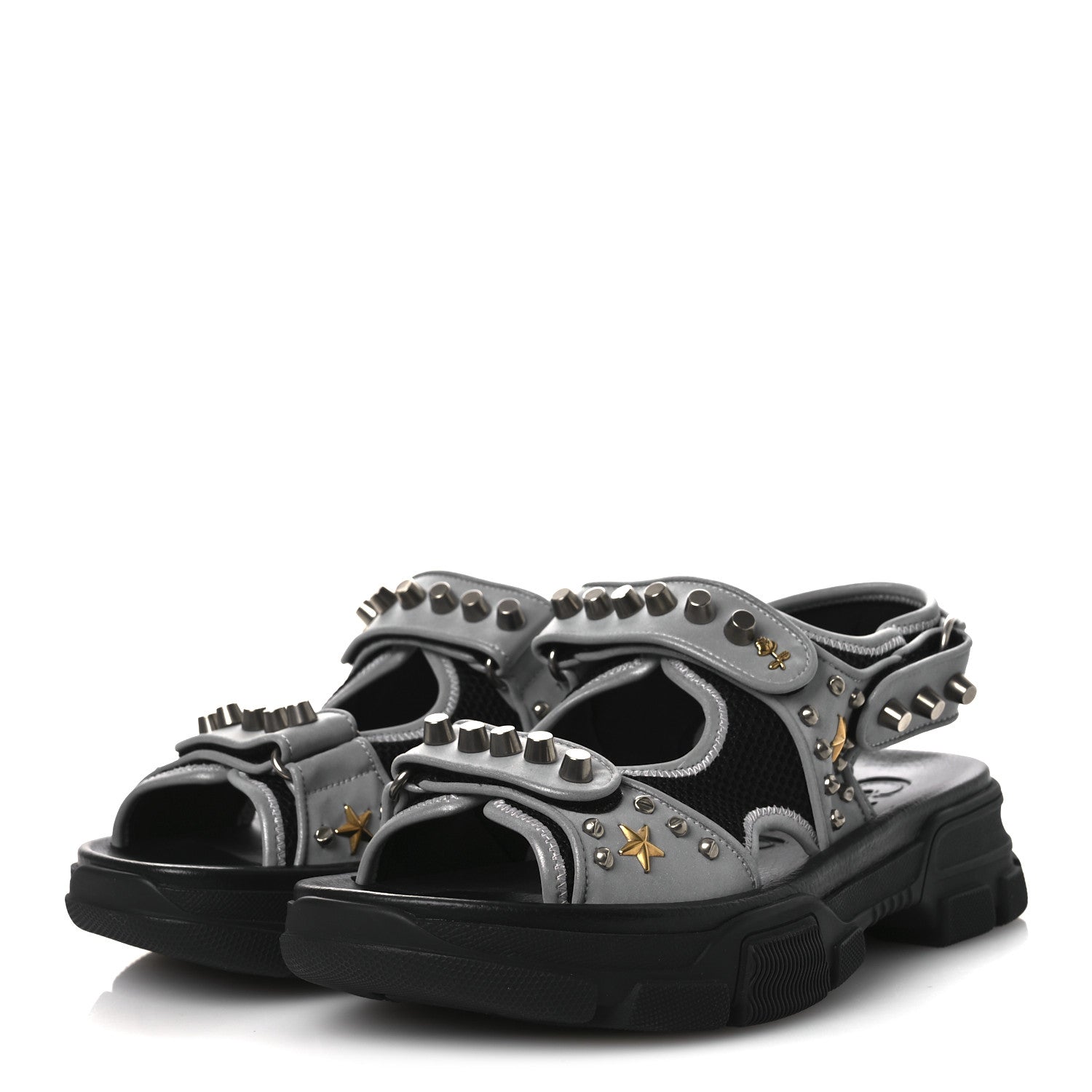 Technical Canvas Calfskin Reflective Studded Mens Aguru Sandals 6.5 Silver Black