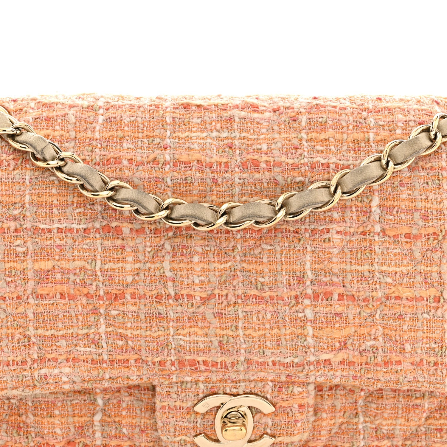 Tweed Quilted Medium Double Flap Orange Beige Multicolor