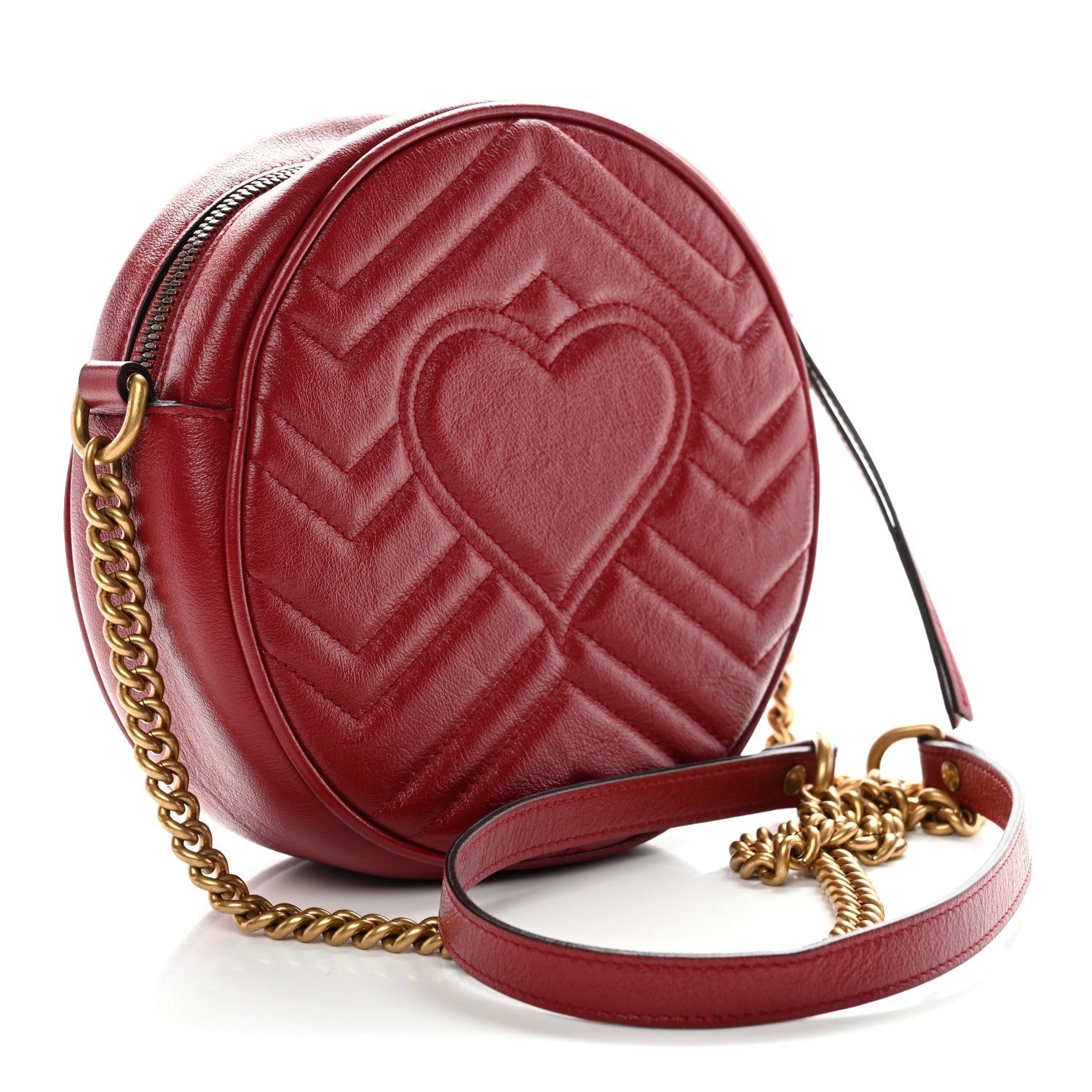 Glazed Calfskin Matelasse Heart Mini GG Marmont Round Shoulder Bag Romantic Cerise