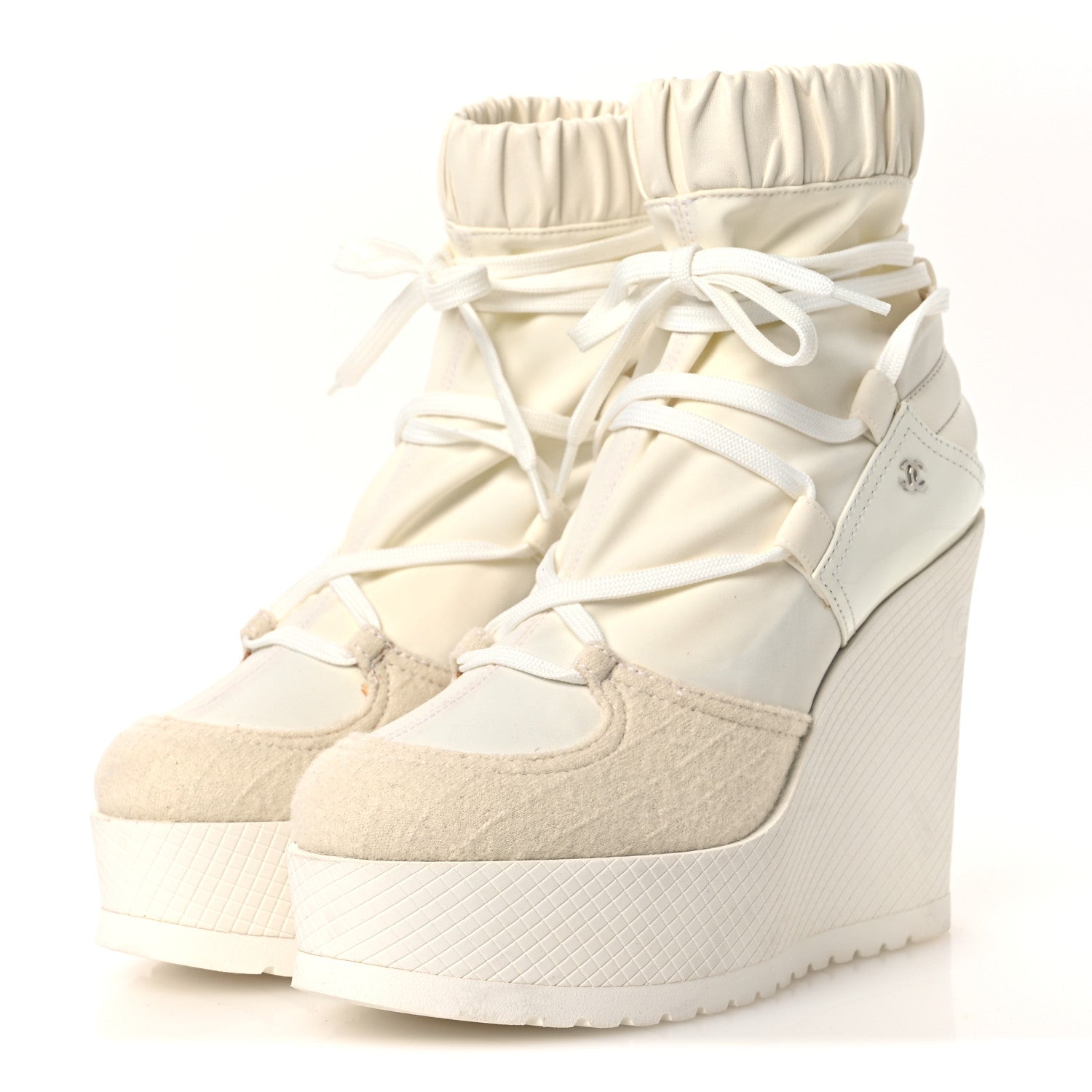 Tweed Patent Calfskin Runway Wedge Short Platform Boots 38 White Ivory