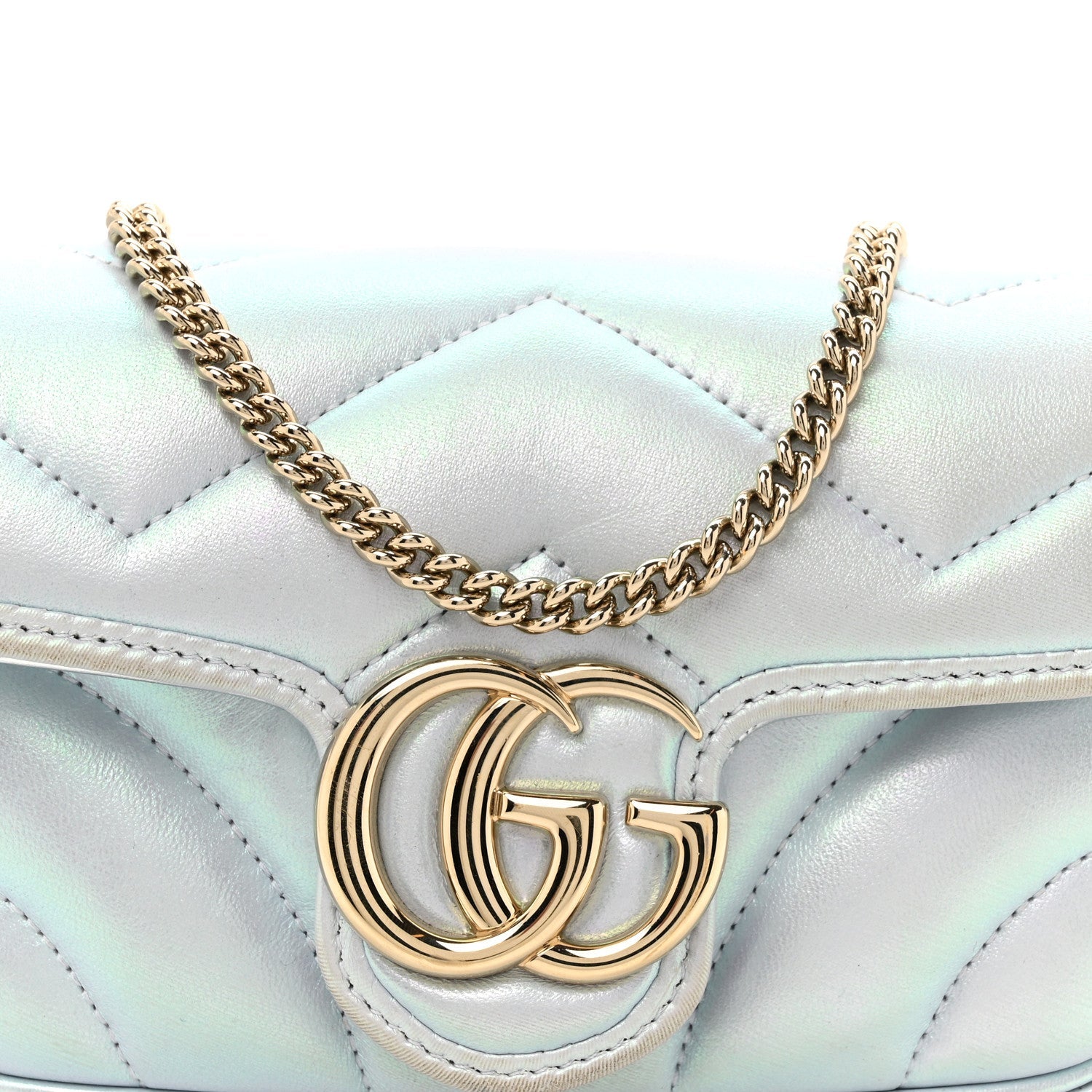 Iridescent Nappa Chevron Matelasse Super Mini GG Marmont Shoulder Bag Iridescent Snow Light Blue