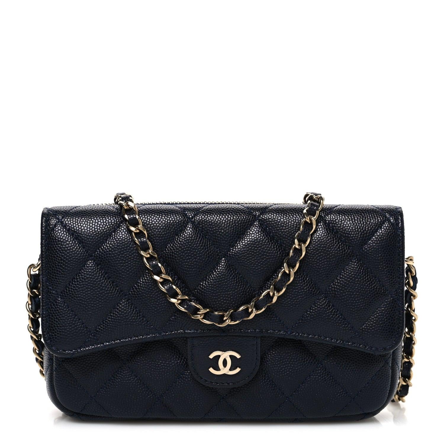Caviar Quilted Flap Phone Holder With Chain Navy Blue
