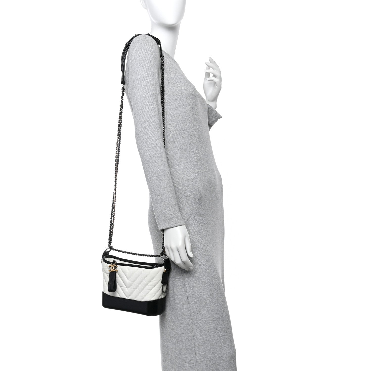 Aged Calfskin Chevron Quilted Small Gabrielle Hobo Black White
