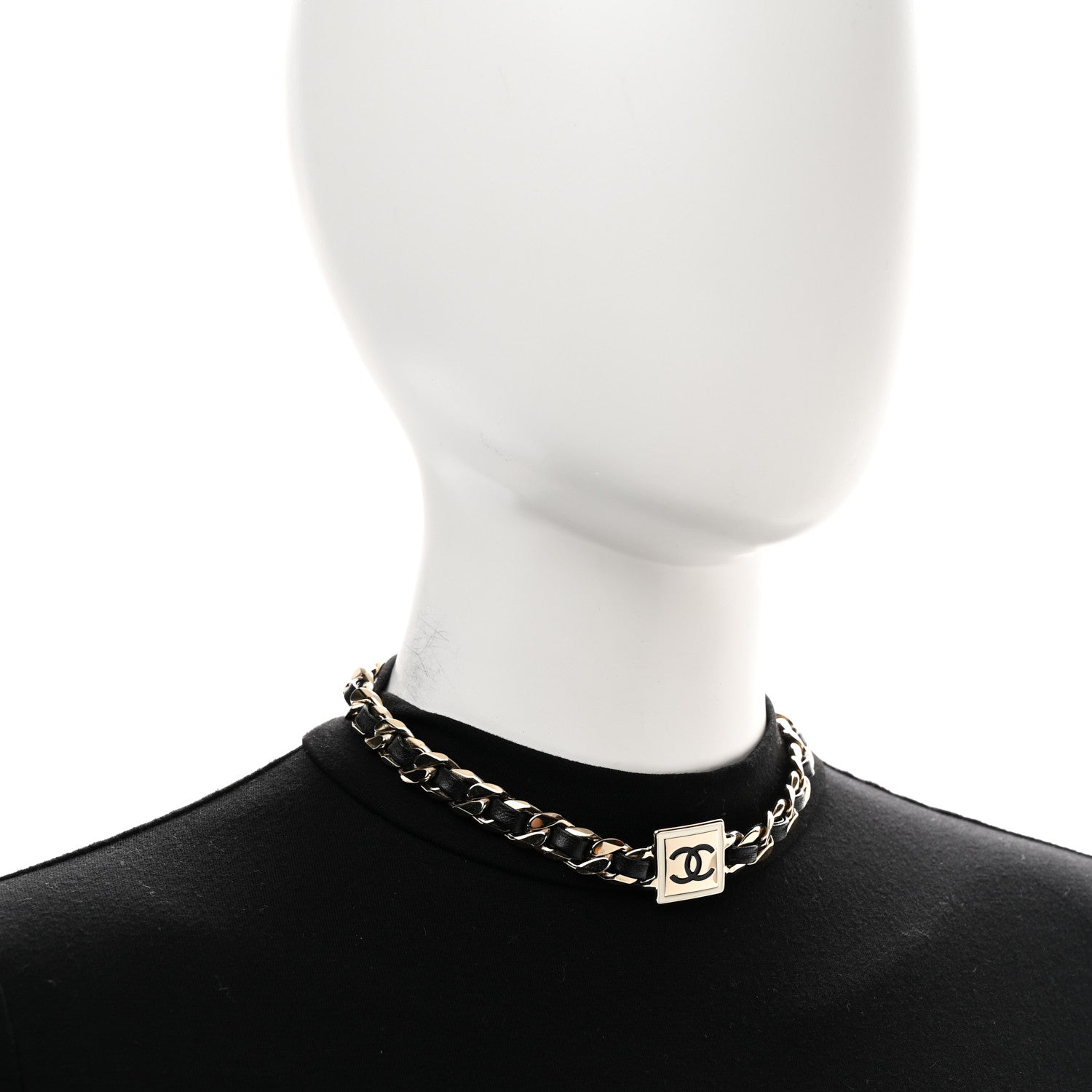 Metal Lambskin CC Square Choker Gold Black White