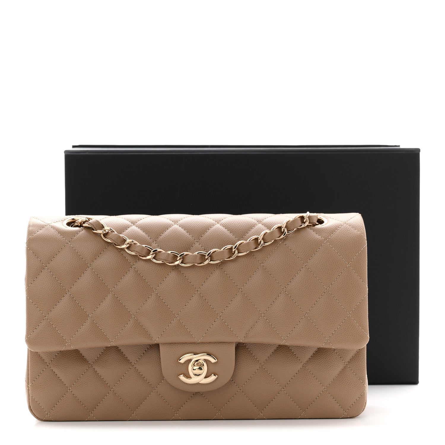 Caviar Quilted Medium Double Flap Beige