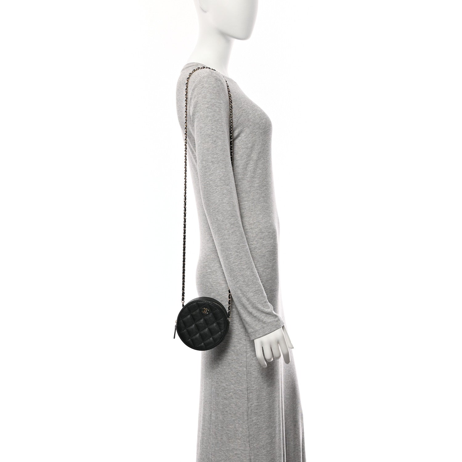 Caviar Quilted Round Clutch With Chain Black