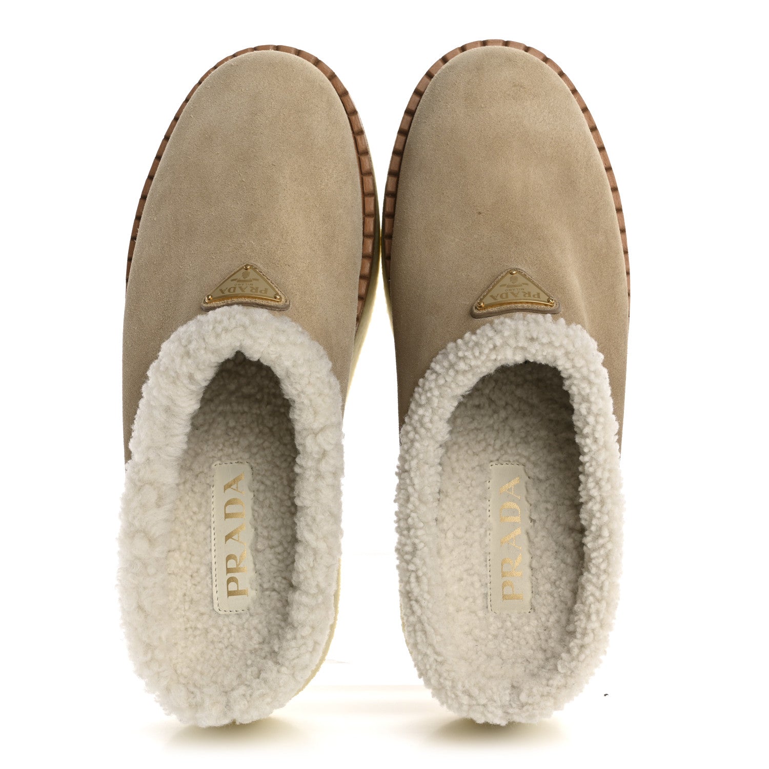 Suede Shearling Triangle Logo Slippers 40.5 Deserto