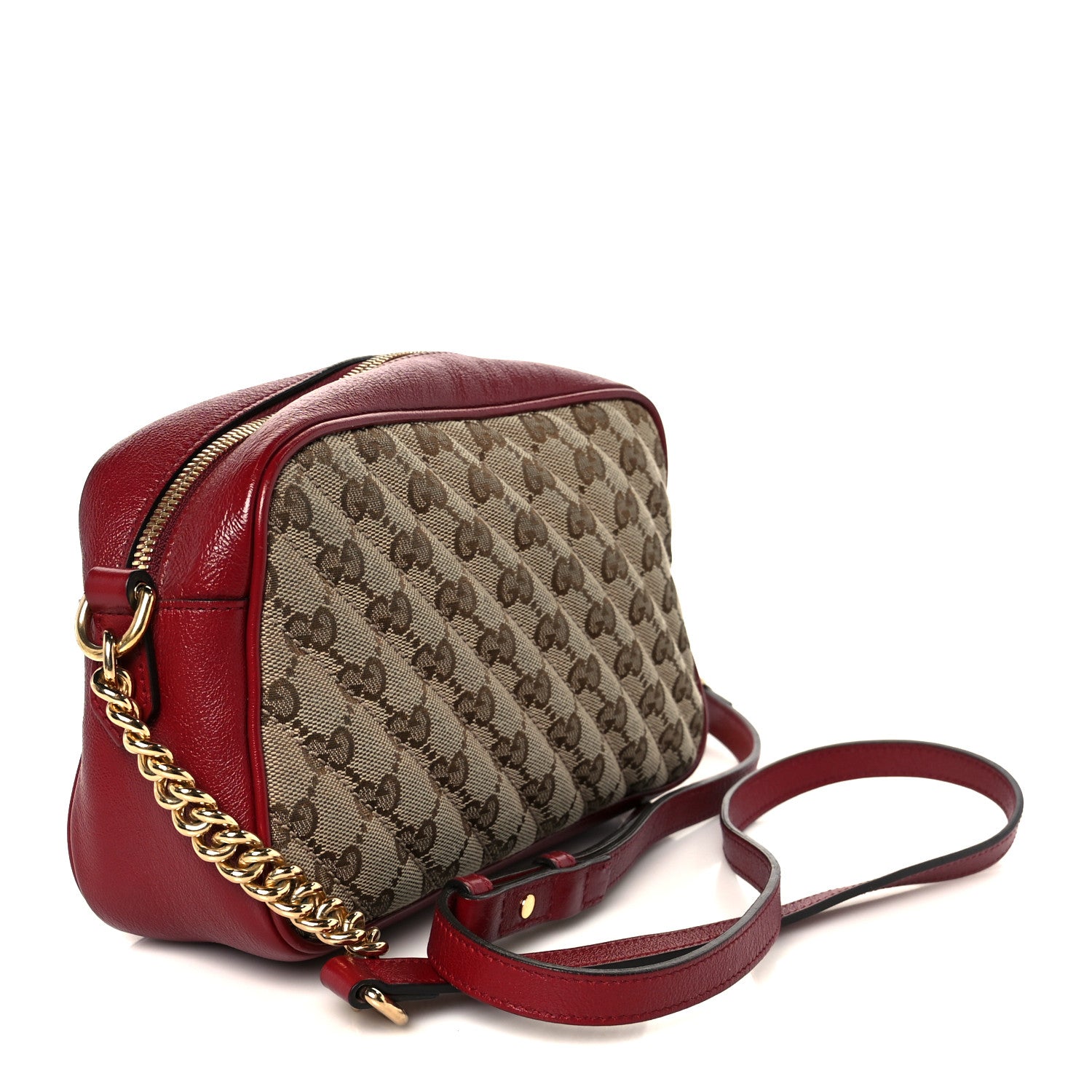 Monogram Azalea Calfskin Matelasse Diagonal Small GG Marmont Chain Shoulder Bag Beige Ebony New Cherry Red