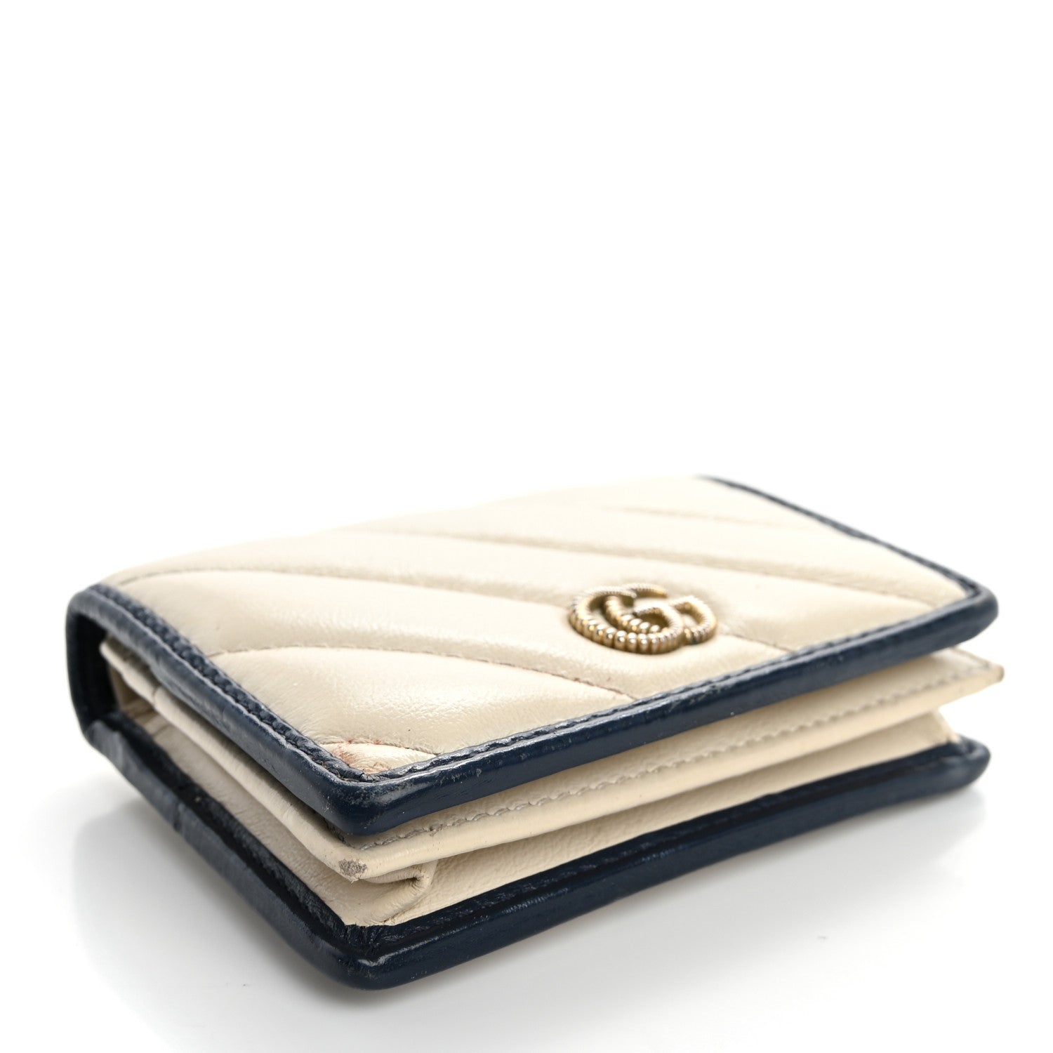 Vintage Effect Calfskin Matelasse Diagonal Torchon GG Marmont Card Case Wallet Mystic White Blue Agata