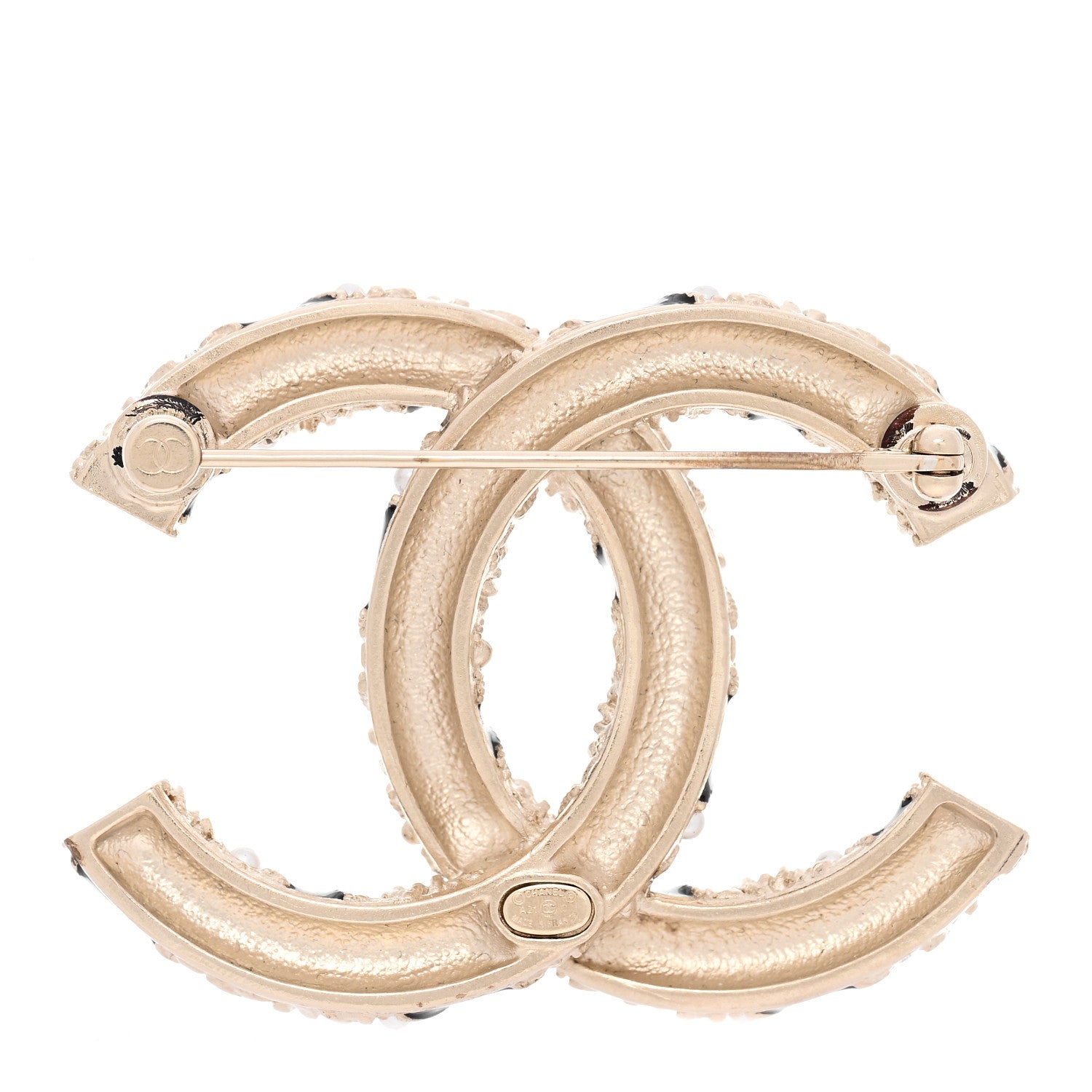 Pearl Crystal Enamel CC Brooch Black Gold
