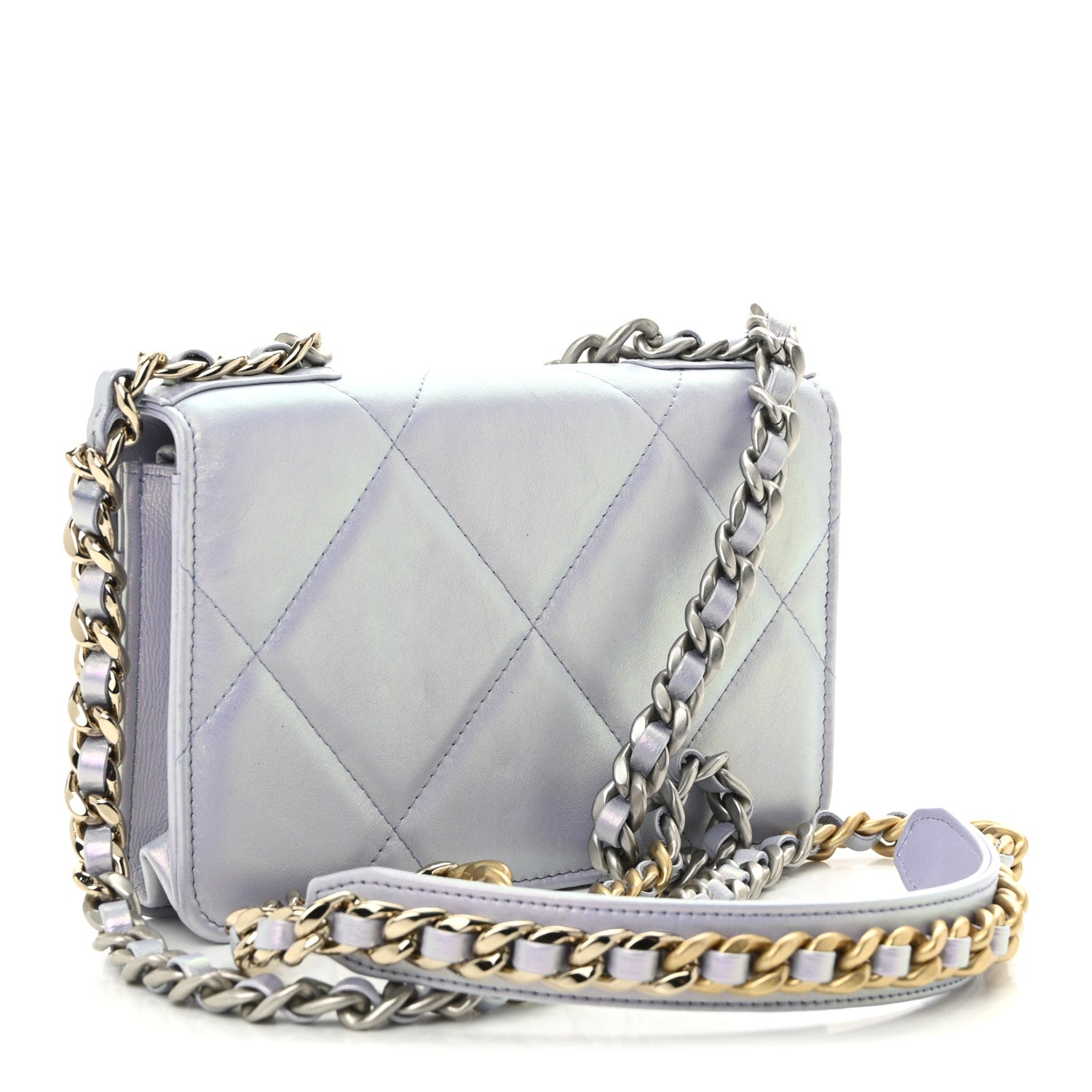 Iridescent Calfskin Quilted Chanel 19 Wallet On Chain WOC Light Purple