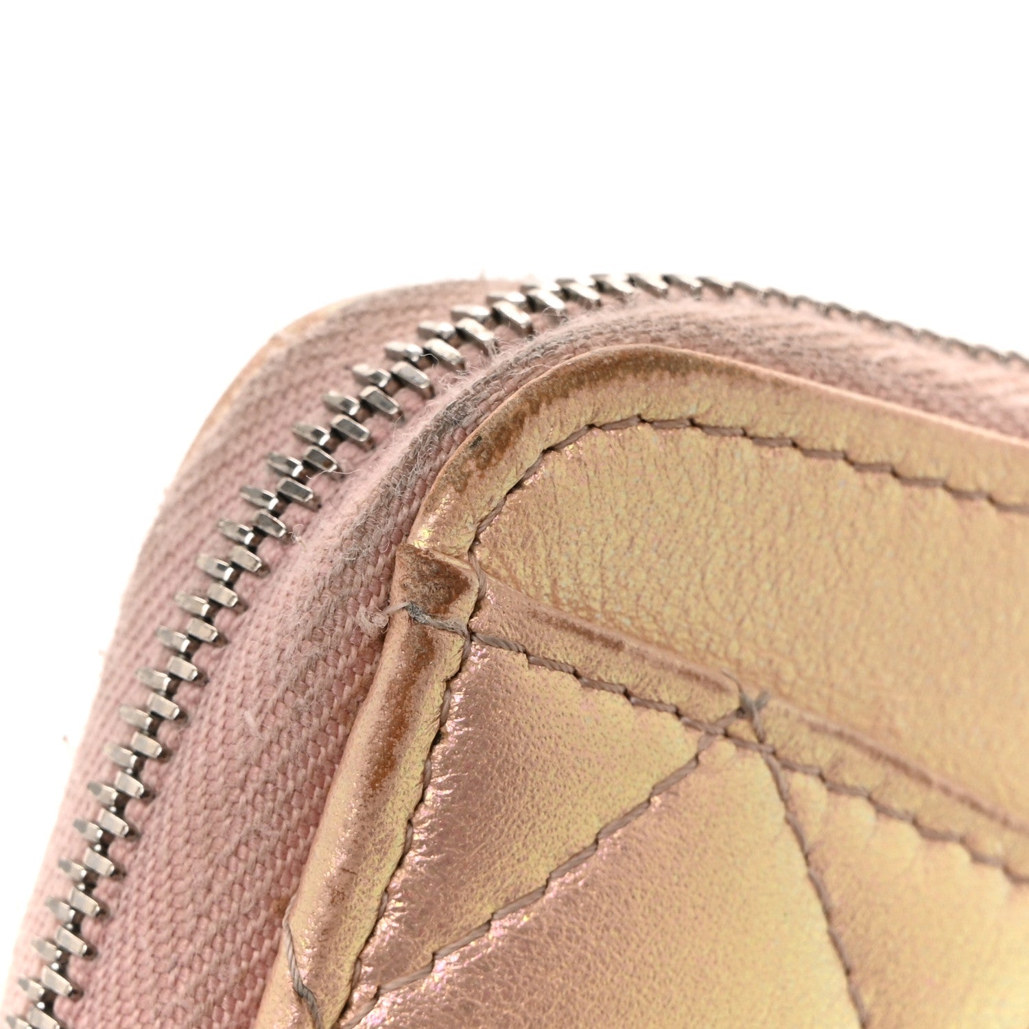 Iridescent Lambskin Quilted Large Gusset Zip Around Wallet Pink