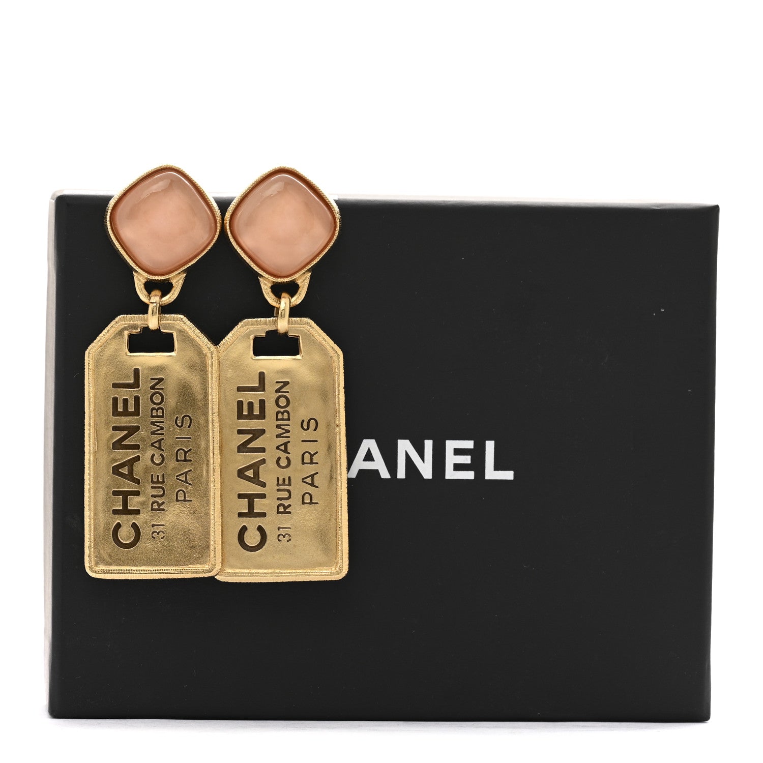 CC Tags Drop Earrings Gold Pink