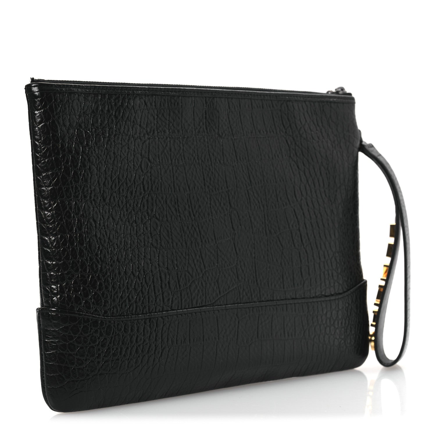 Calfskin Crocodile Embossed Quilted Medium Gabrielle Cosmetic Case Black