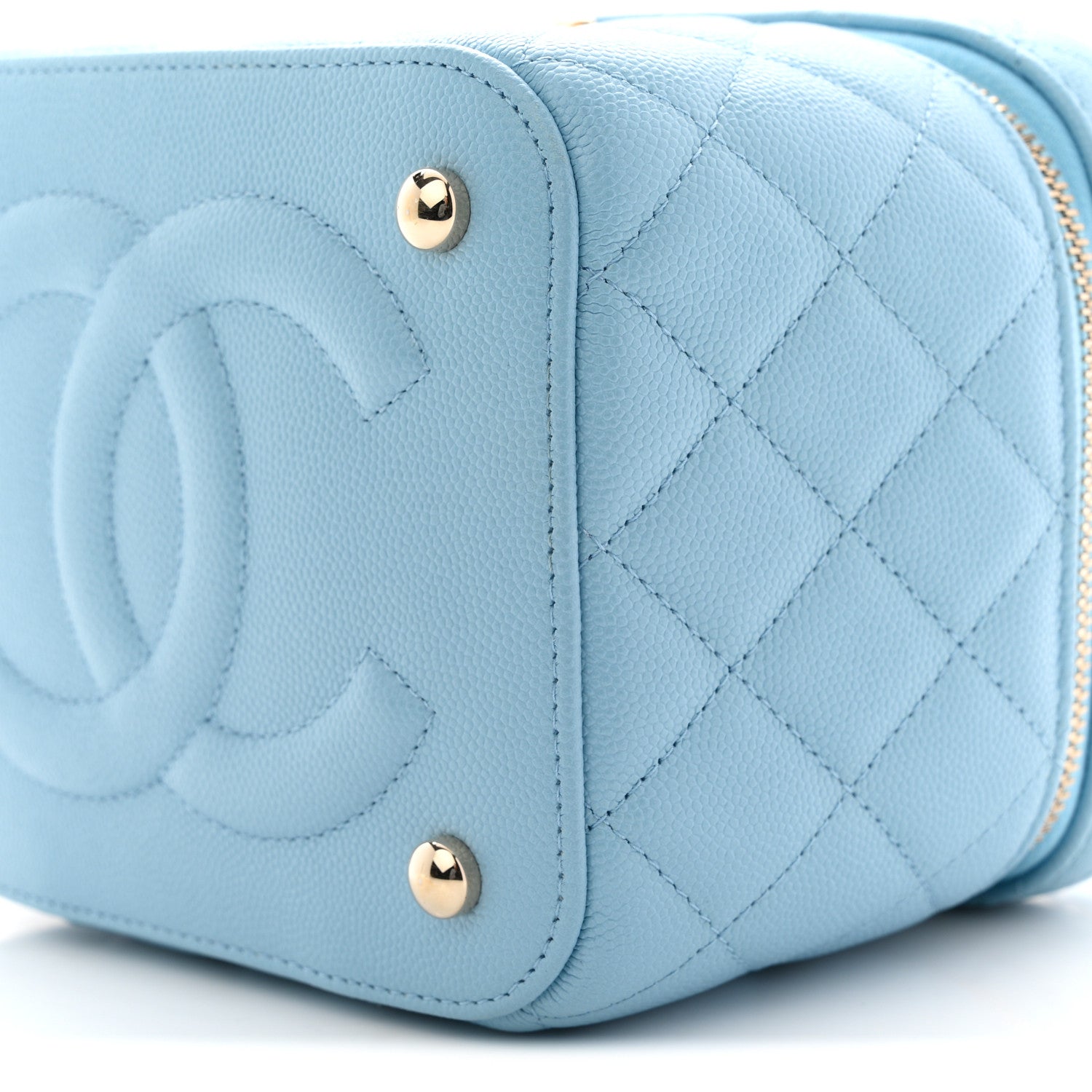 Caviar Quilted Top Handle Vanity Case With Chain Blue