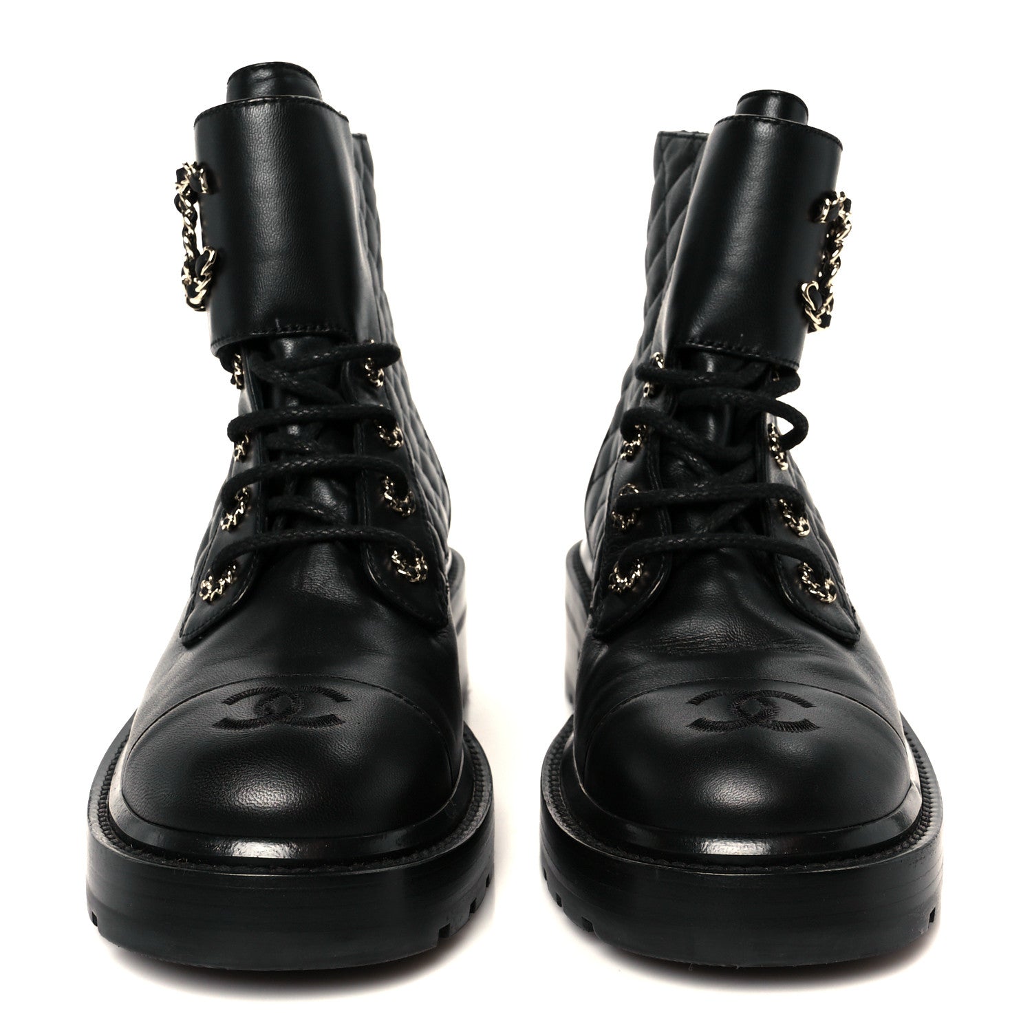 Shiny Lambskin Quilted Lace Up Combat Boots 39 Black