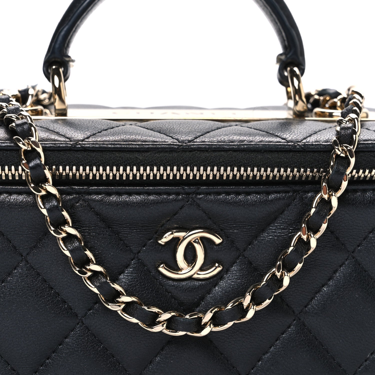 Lambskin Quilted Trendy Small Top Handle Vanity Case With Chain Black