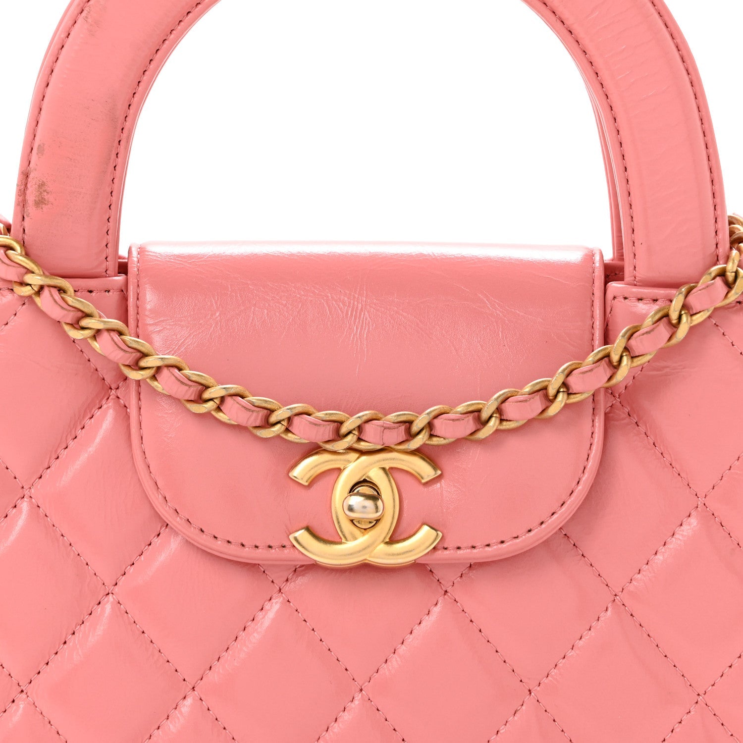 Shiny Aged Calfskin Quilted Nano Kelly Shopper Coral Pink