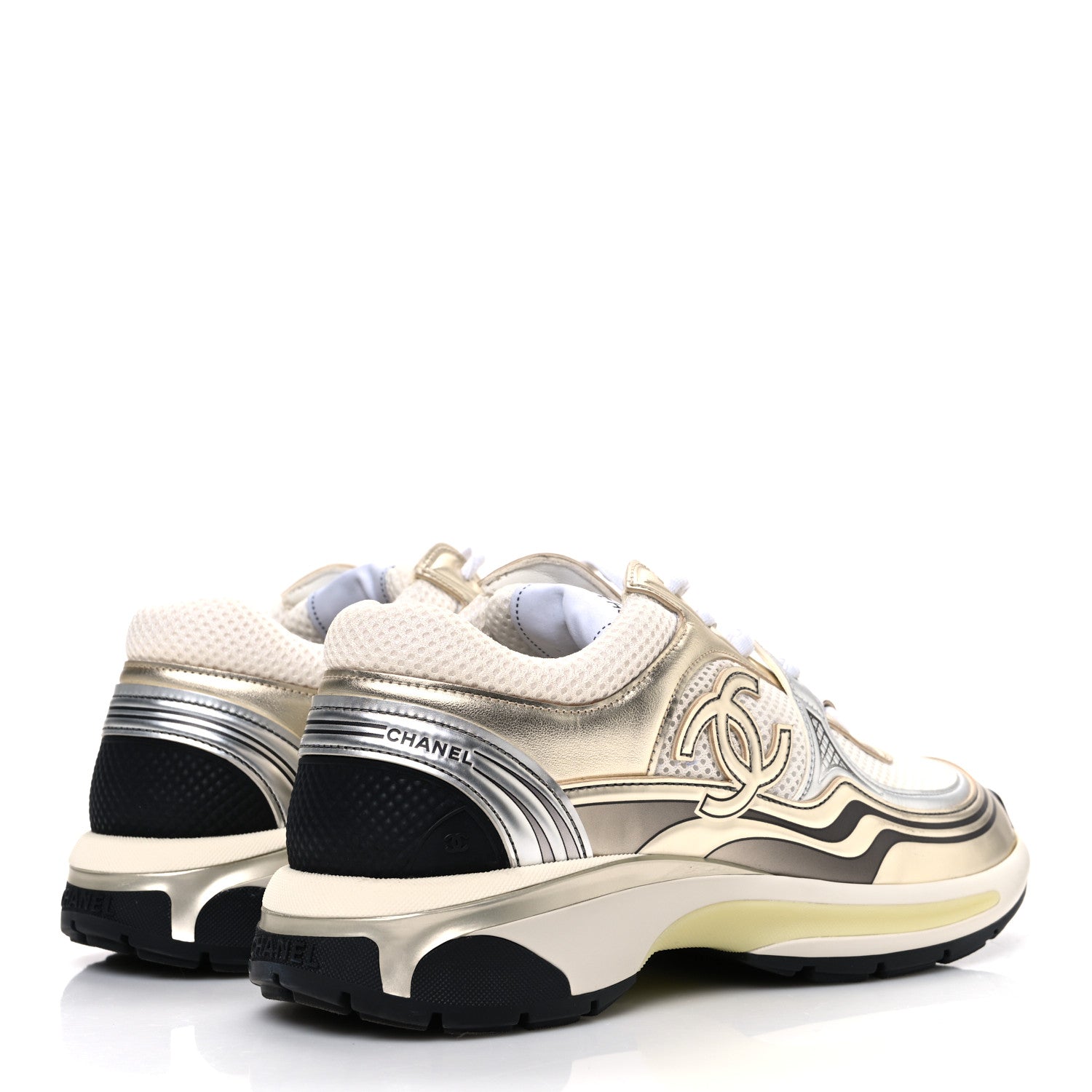 Fabric Laminated Calfskin Stretch CC Womens Sneakers 39.5 White Silver