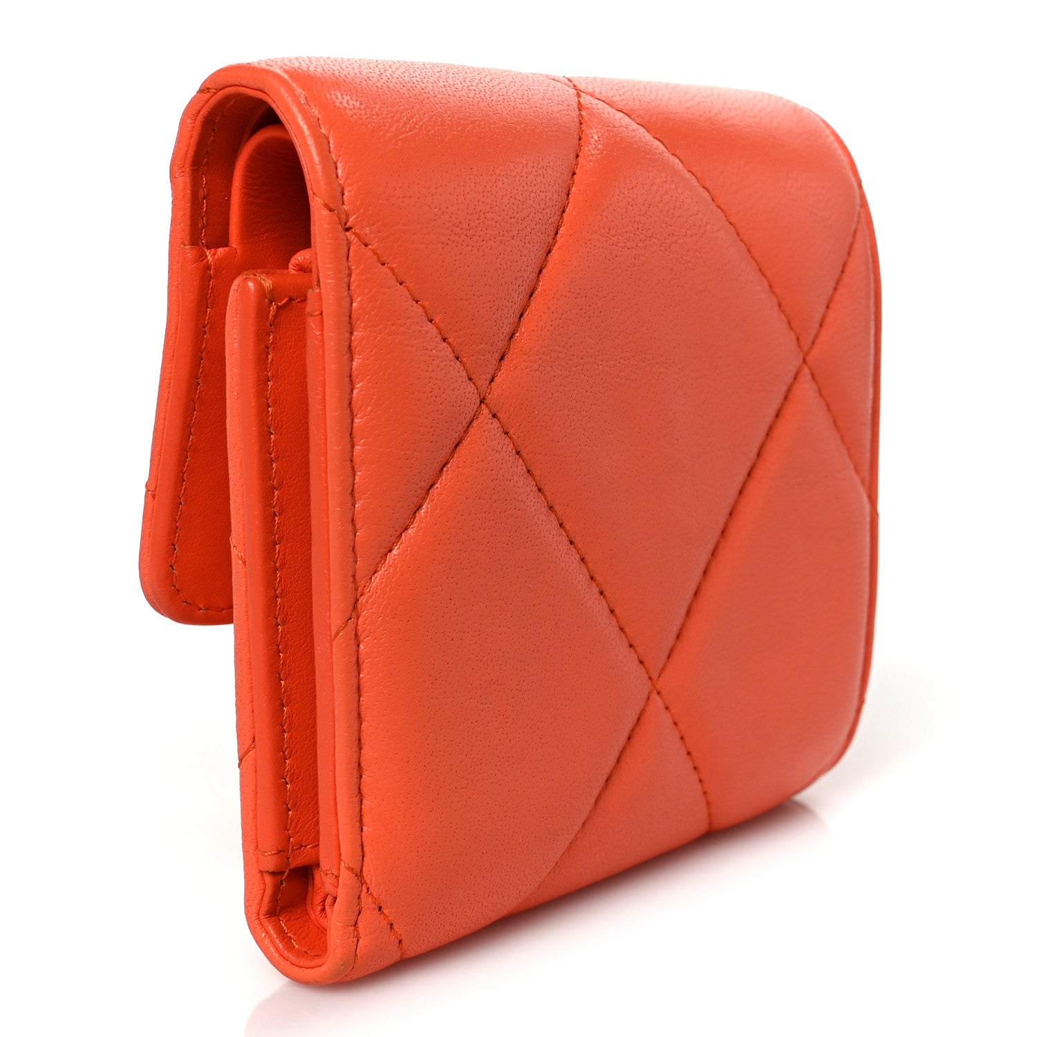 Goatskin Quilted Chanel 19 Small Flap Wallet Orange