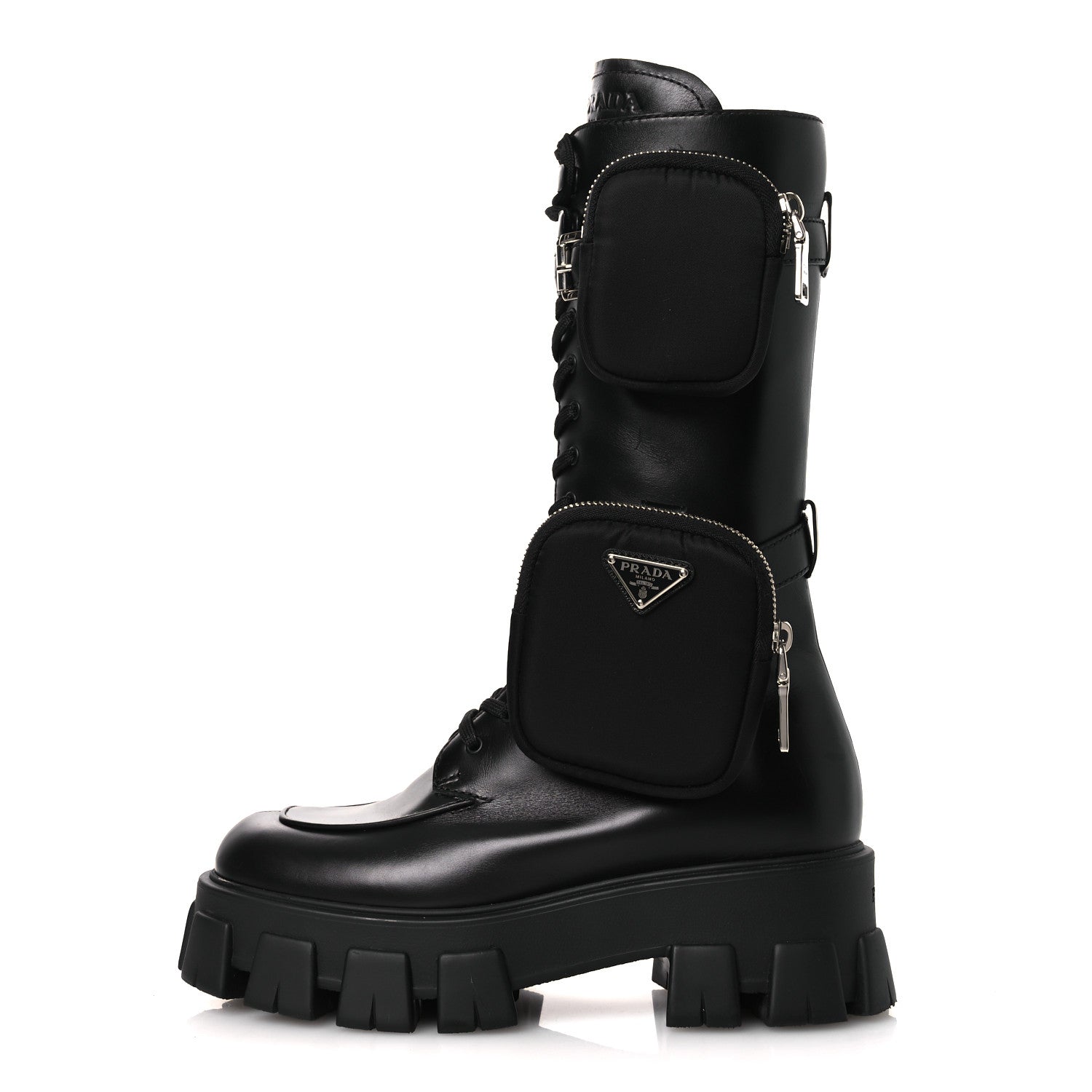 Vitello Lux Nylon Metal Triangle Logo Monolith Pouch Pocket 55mm Tall Combat Boots 38.5 Black