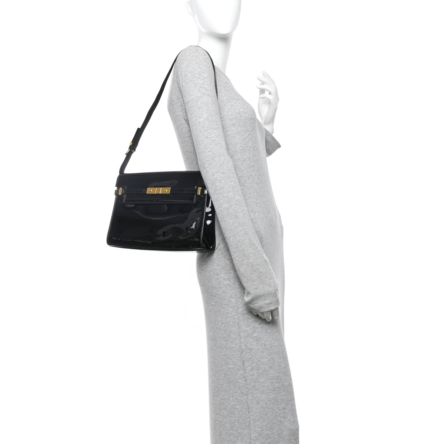 Patent Calfskin Manhattan Shoulder Bag Black