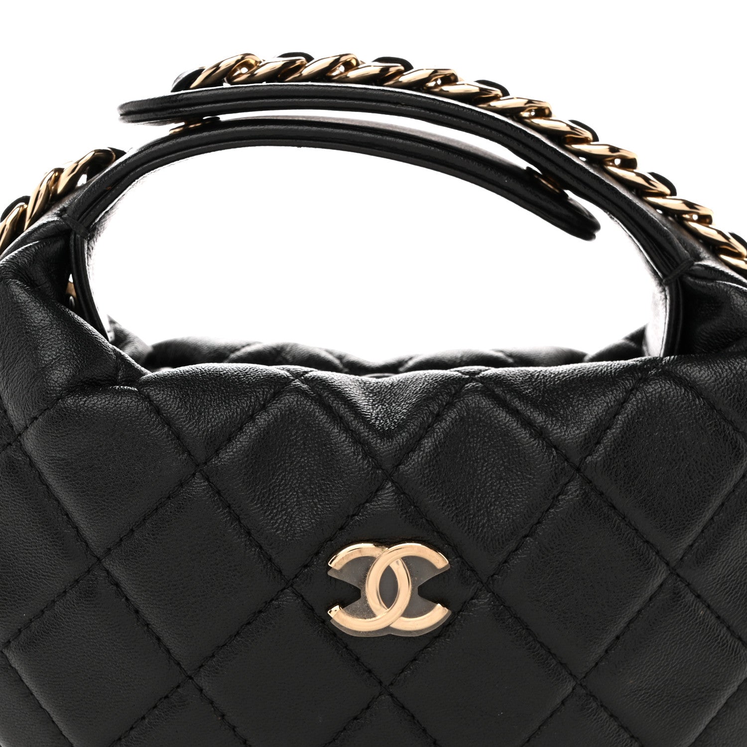 Lambskin Quilted Chain Around Pouch Hobo Black